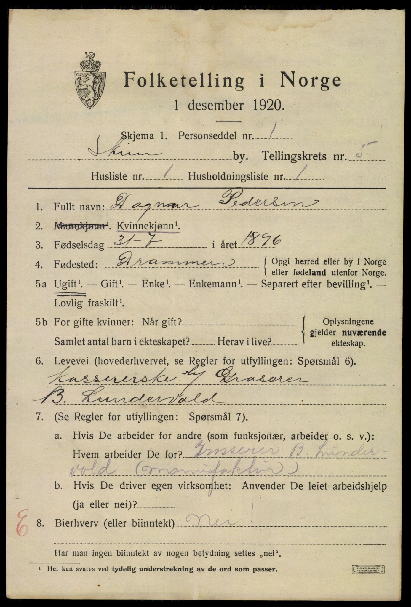 SAKO, 1920 census for Skien, 1920, p. 19490