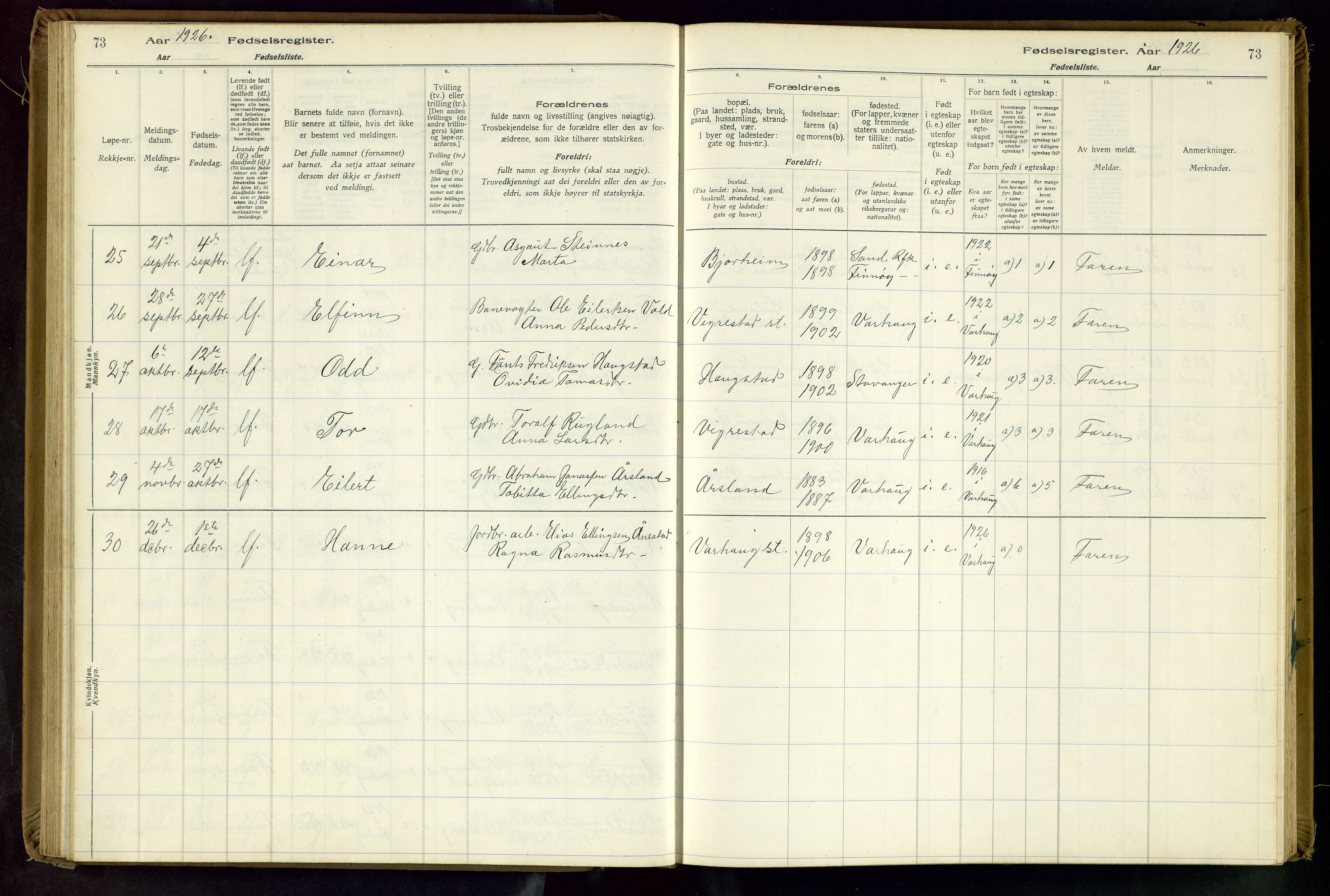 Hå sokneprestkontor, AV/SAST-A-101801/001/704BA/L0001: Birth register no. 1, 1916-1944, p. 73