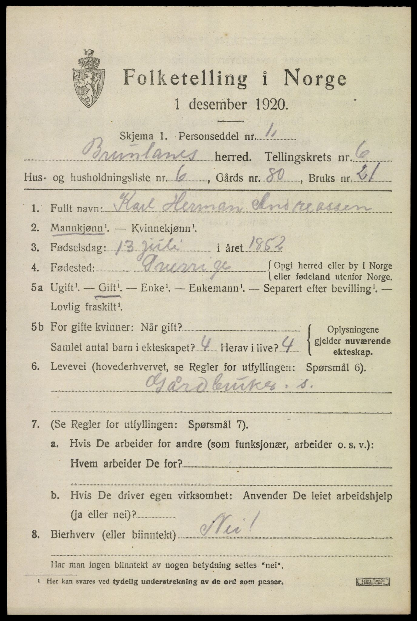 SAKO, 1920 census for Brunlanes, 1920, p. 6825