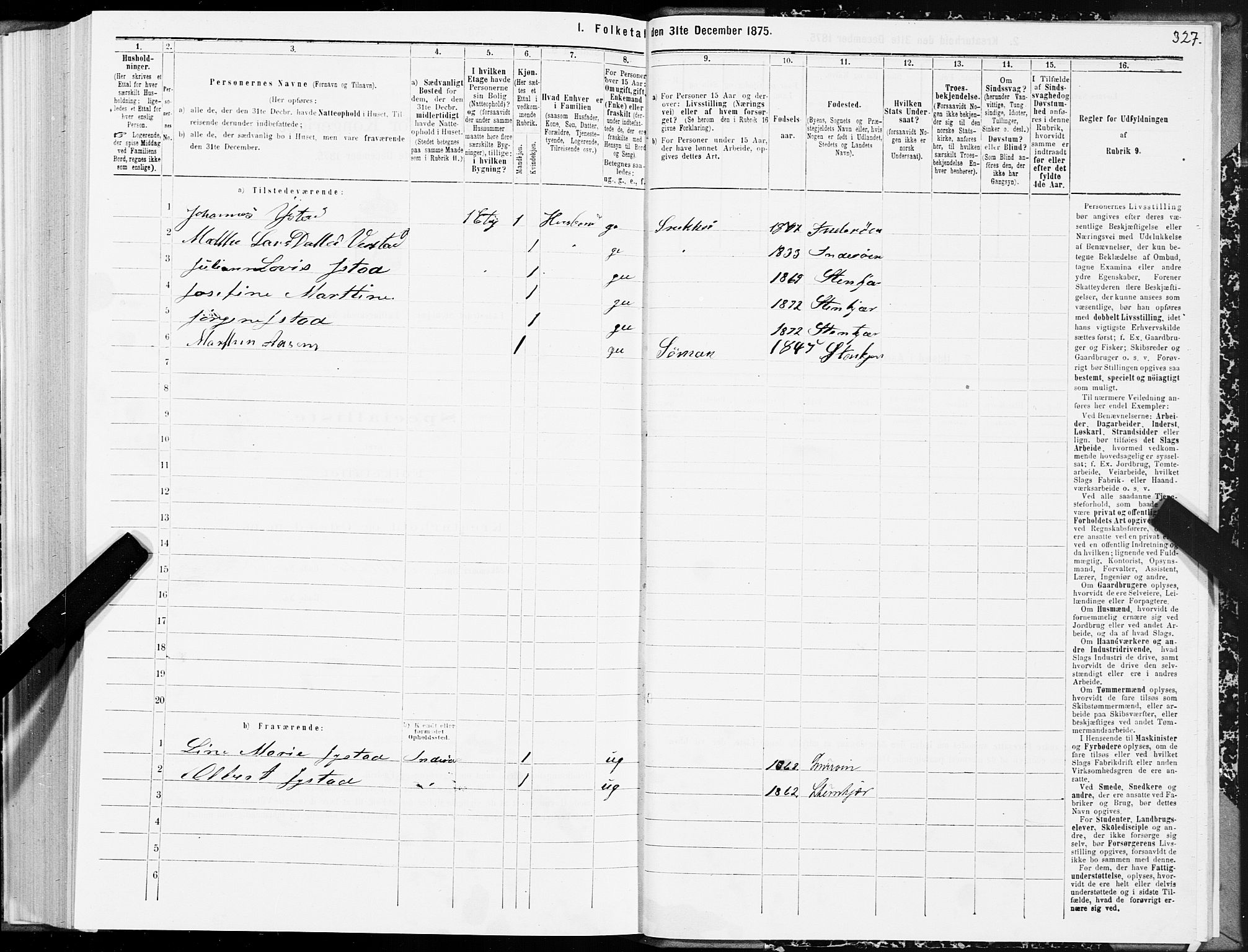 SAT, 1875 census for 1702B Steinkjer/Steinkjer, 1875, p. 327