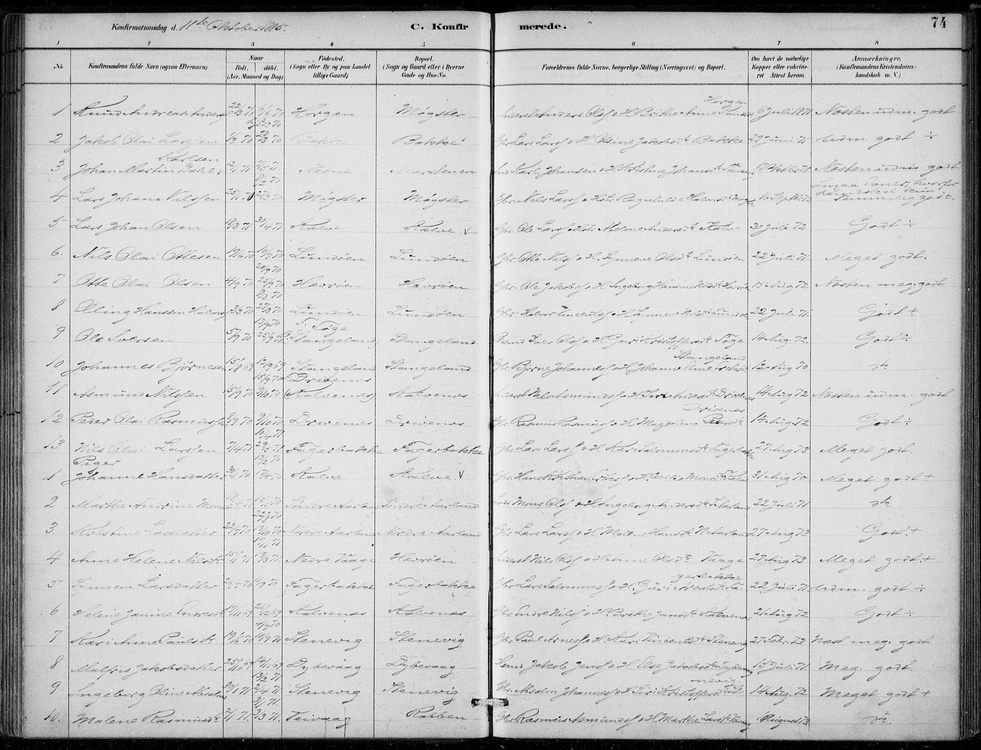 Sund sokneprestembete, AV/SAB-A-99930: Parish register (official) no. D 1, 1882-1899, p. 74