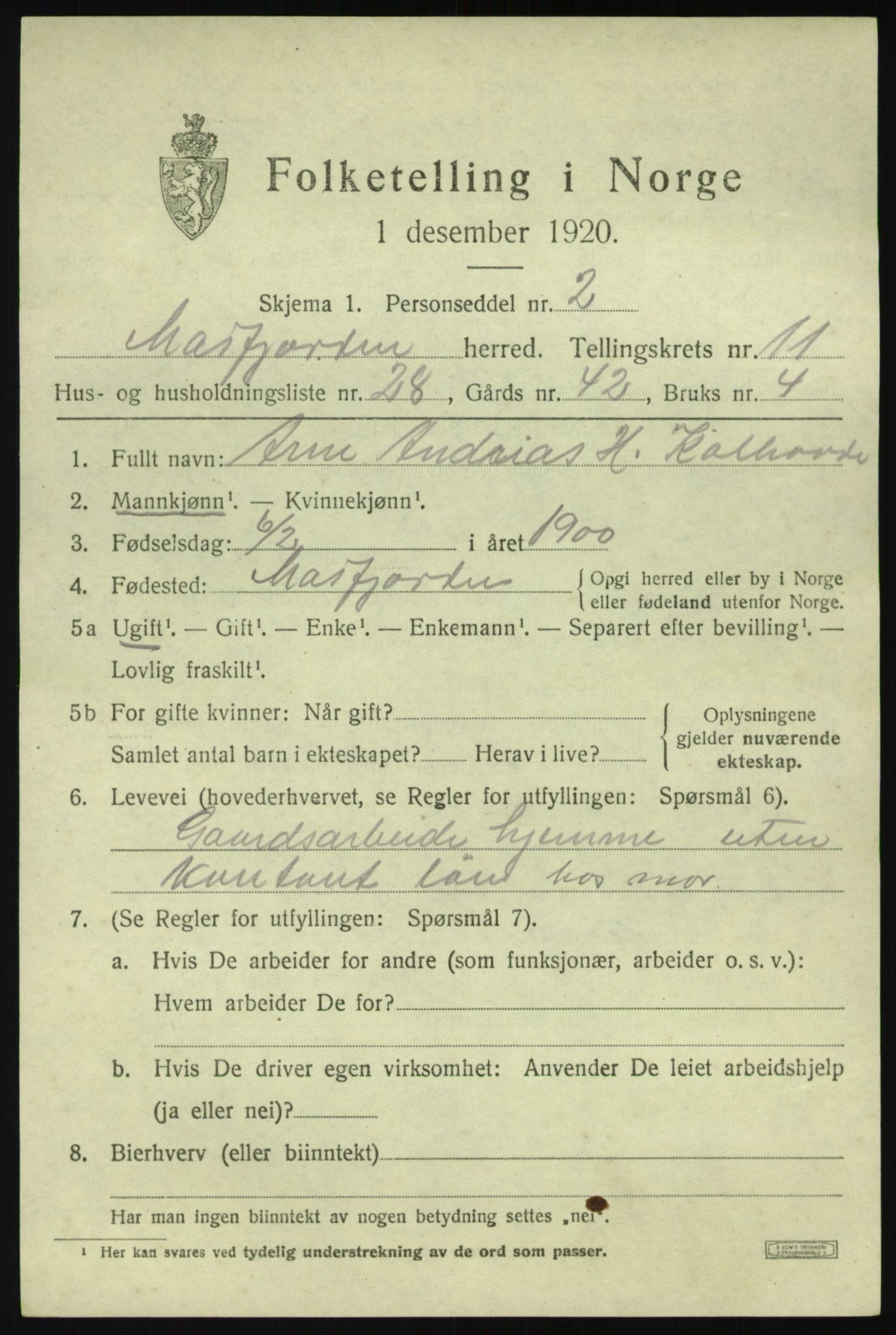 SAB, 1920 census for Masfjorden, 1920, p. 4451