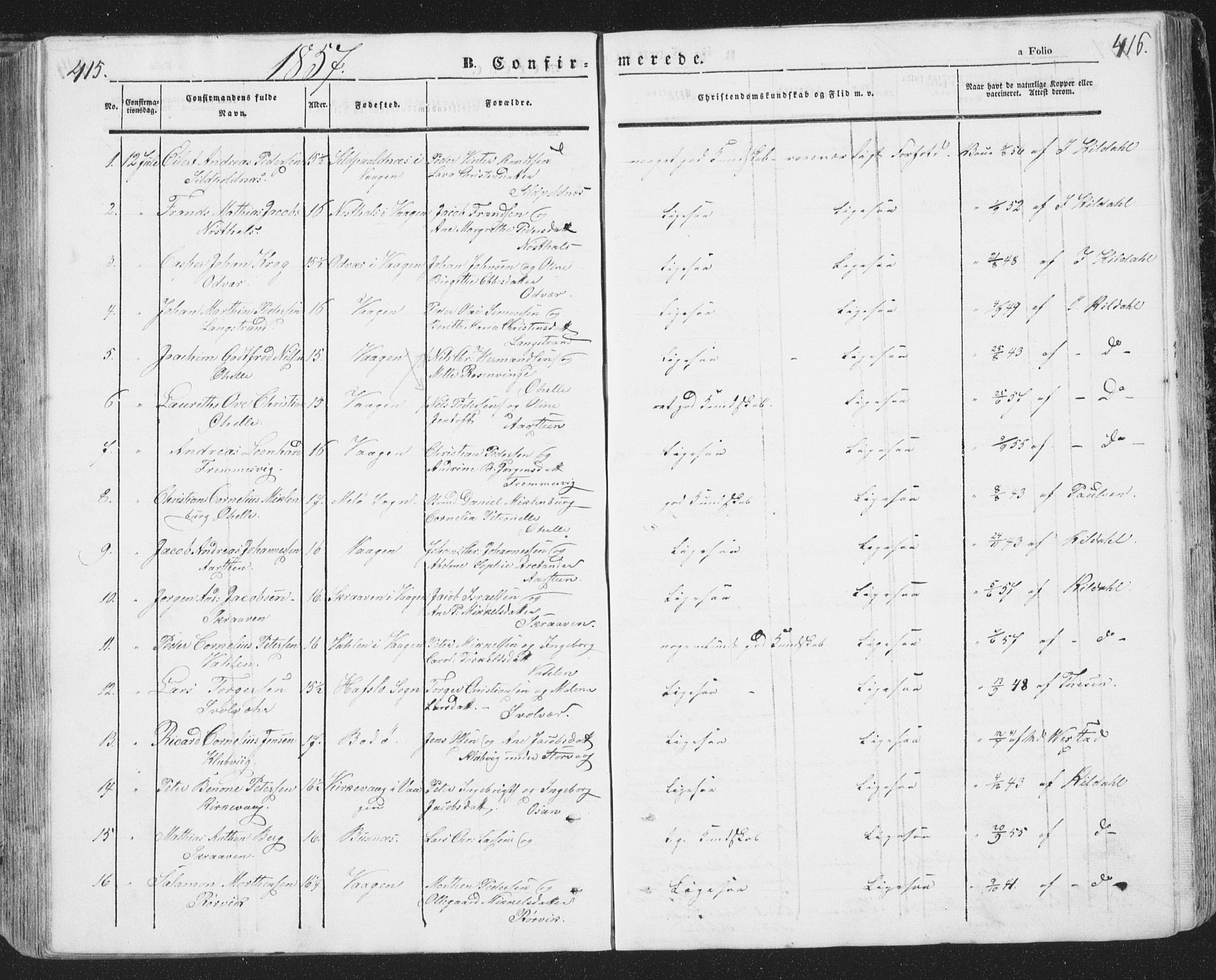 Ministerialprotokoller, klokkerbøker og fødselsregistre - Nordland, AV/SAT-A-1459/874/L1072: Parish register (copy) no. 874C01, 1843-1859, p. 415-416