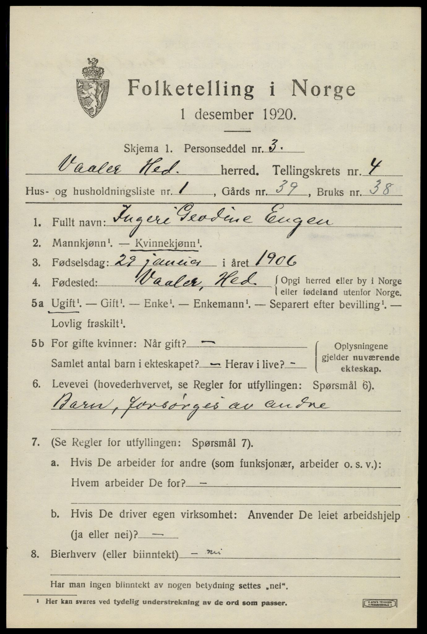 SAH, 1920 census for Våler (Hedmark), 1920, p. 4447