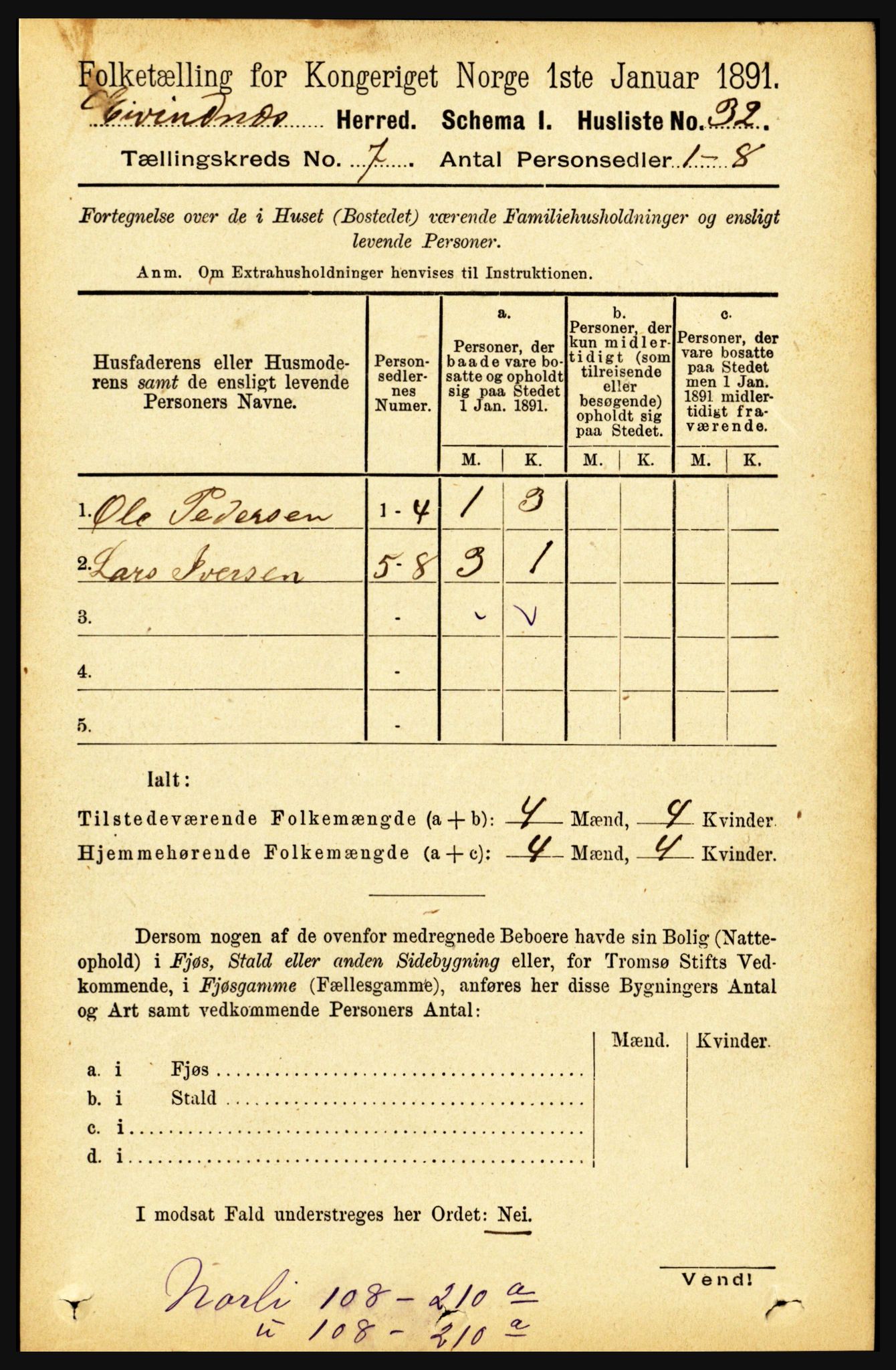 RA, 1891 census for 1853 Evenes, 1891, p. 2153