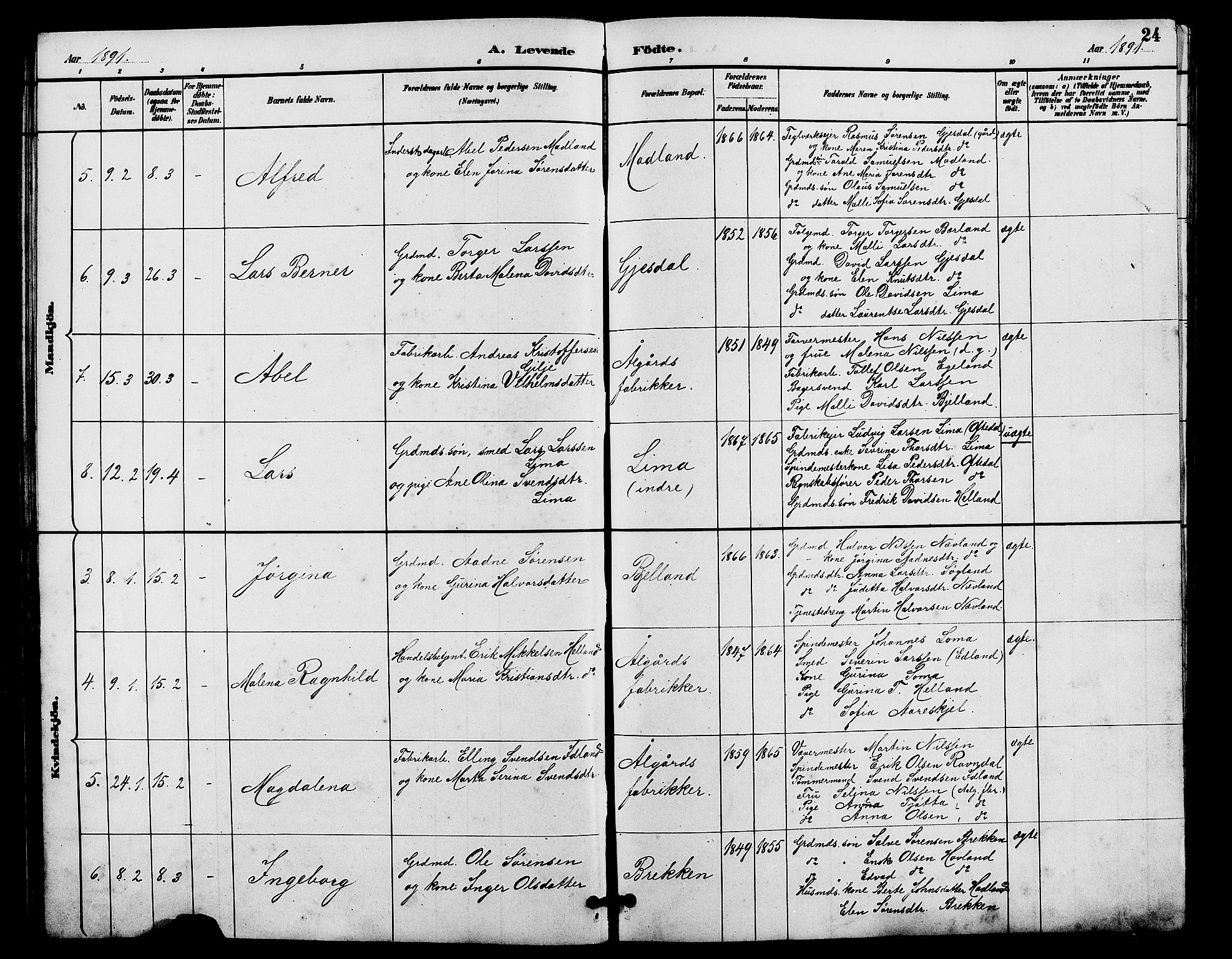 Lye sokneprestkontor, AV/SAST-A-101794/001/30BB/L0008: Parish register (copy) no. B 7, 1887-1901, p. 24