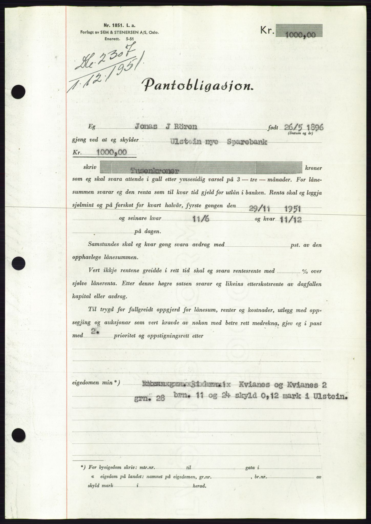 Søre Sunnmøre sorenskriveri, AV/SAT-A-4122/1/2/2C/L0120: Mortgage book no. 8B, 1951-1951, Diary no: : 2307/1951