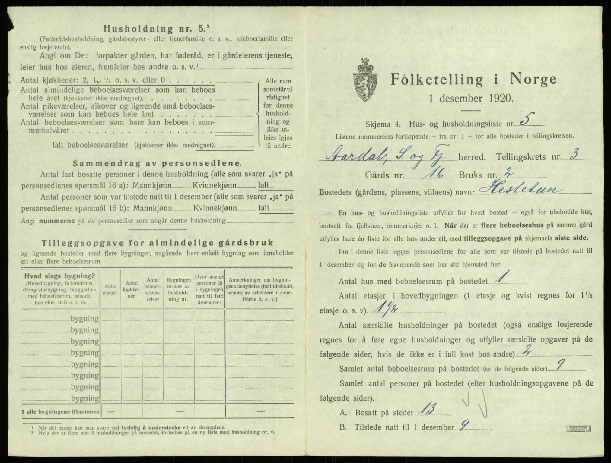 SAB, 1920 census for Årdal, 1920, p. 206