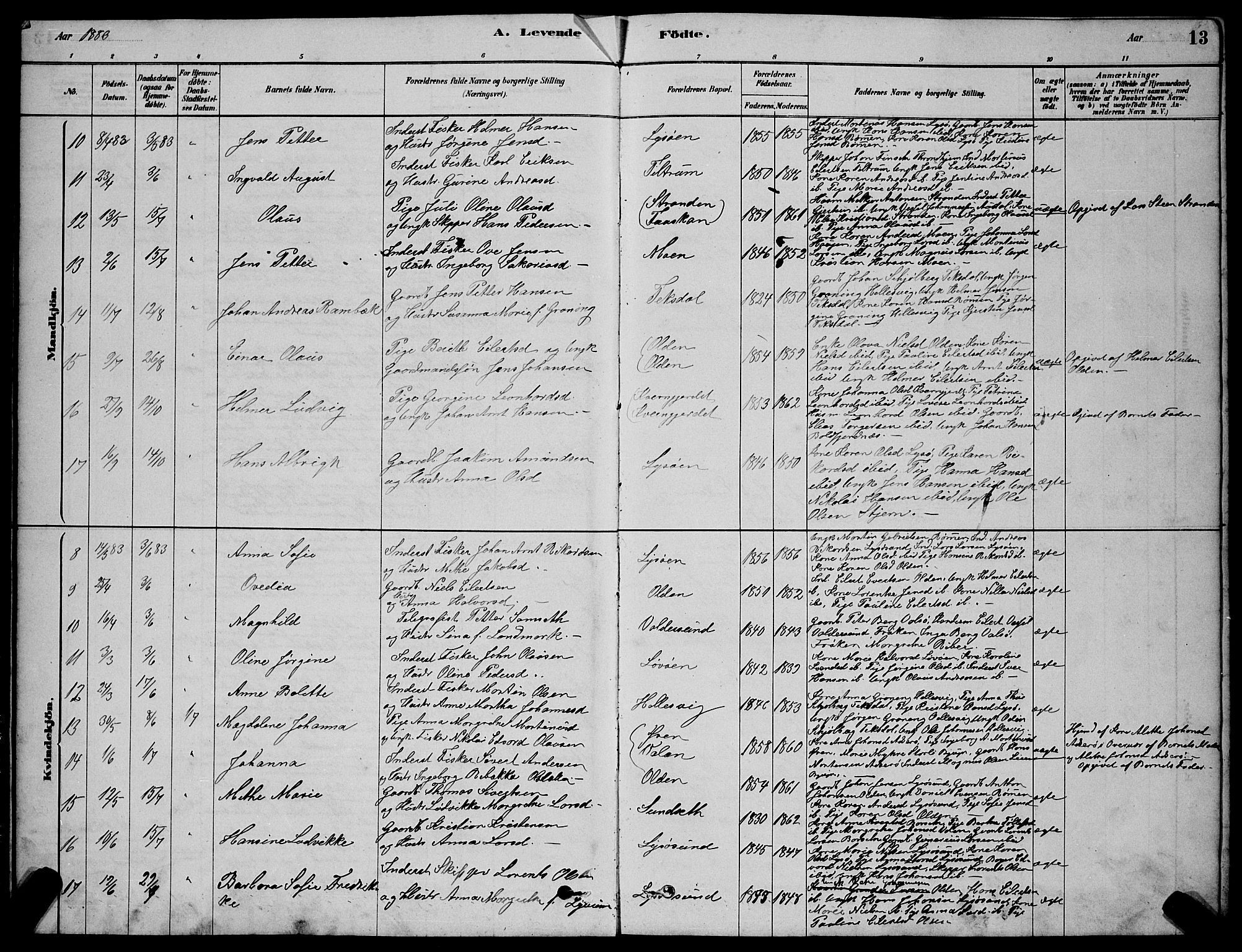 Ministerialprotokoller, klokkerbøker og fødselsregistre - Sør-Trøndelag, SAT/A-1456/654/L0665: Parish register (copy) no. 654C01, 1879-1901, p. 13