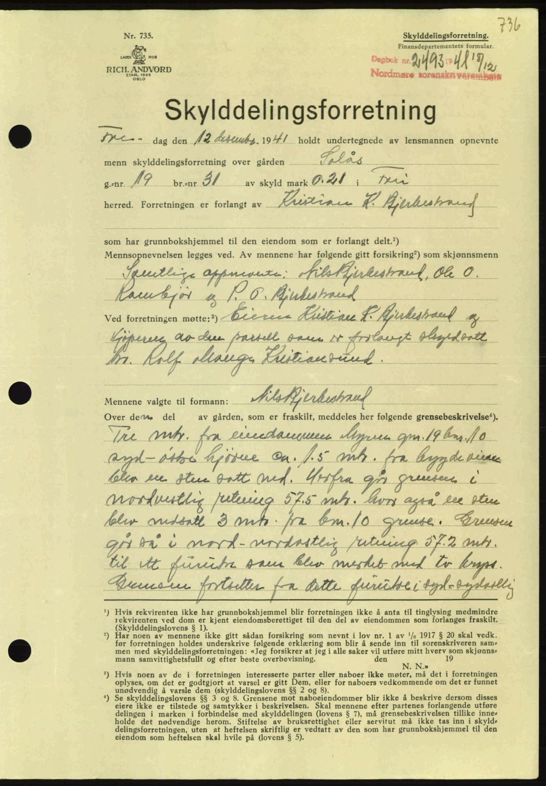 Nordmøre sorenskriveri, AV/SAT-A-4132/1/2/2Ca: Mortgage book no. A91, 1941-1942, Diary no: : 2493/1941