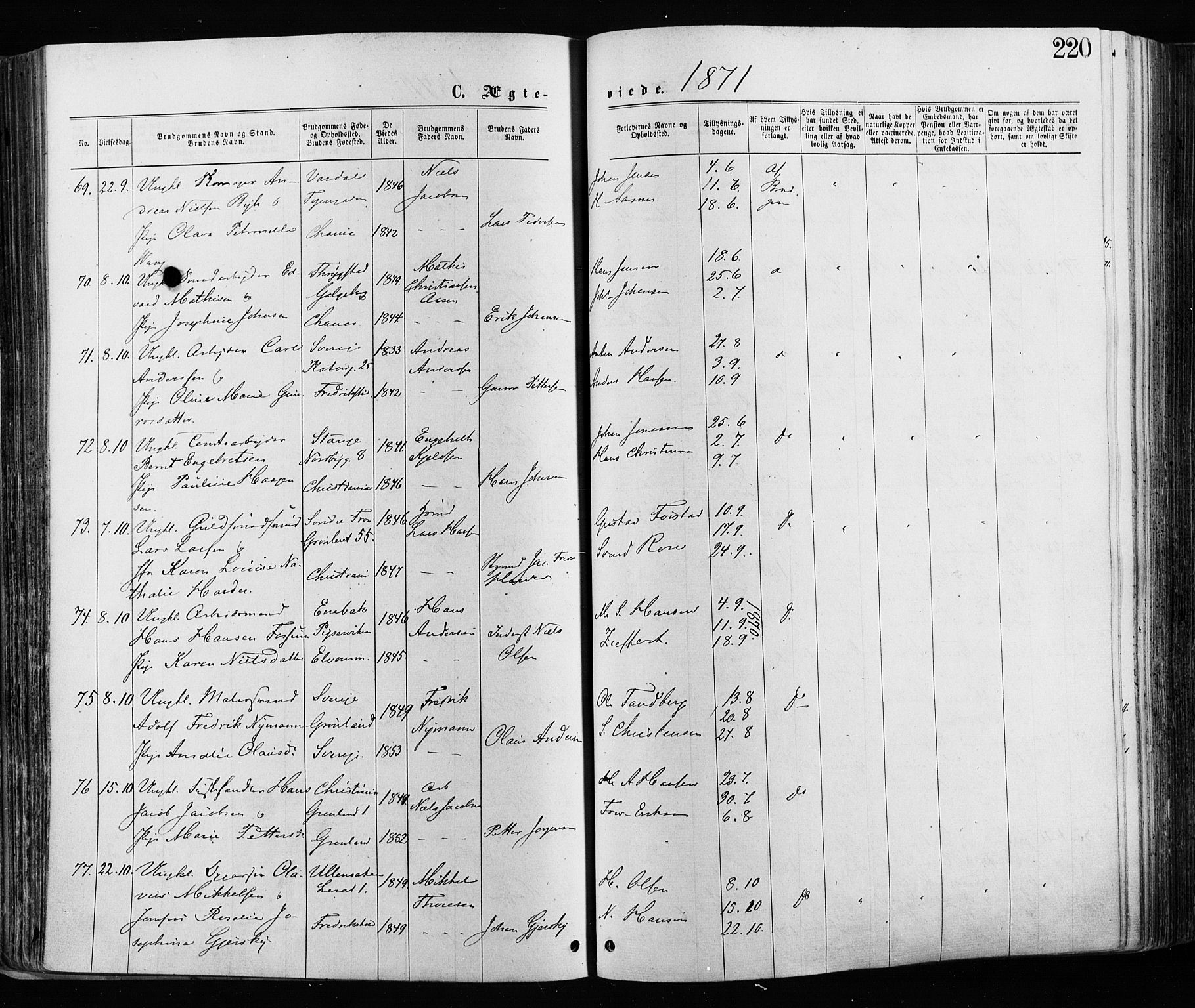 Grønland prestekontor Kirkebøker, AV/SAO-A-10848/F/Fa/L0005: Parish register (official) no. 5, 1869-1880, p. 220