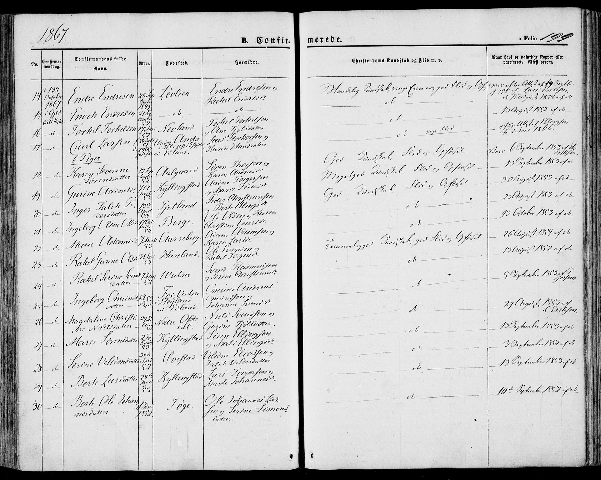 Lye sokneprestkontor, SAST/A-101794/001/30BA/L0007: Parish register (official) no. A 6, 1856-1871, p. 199