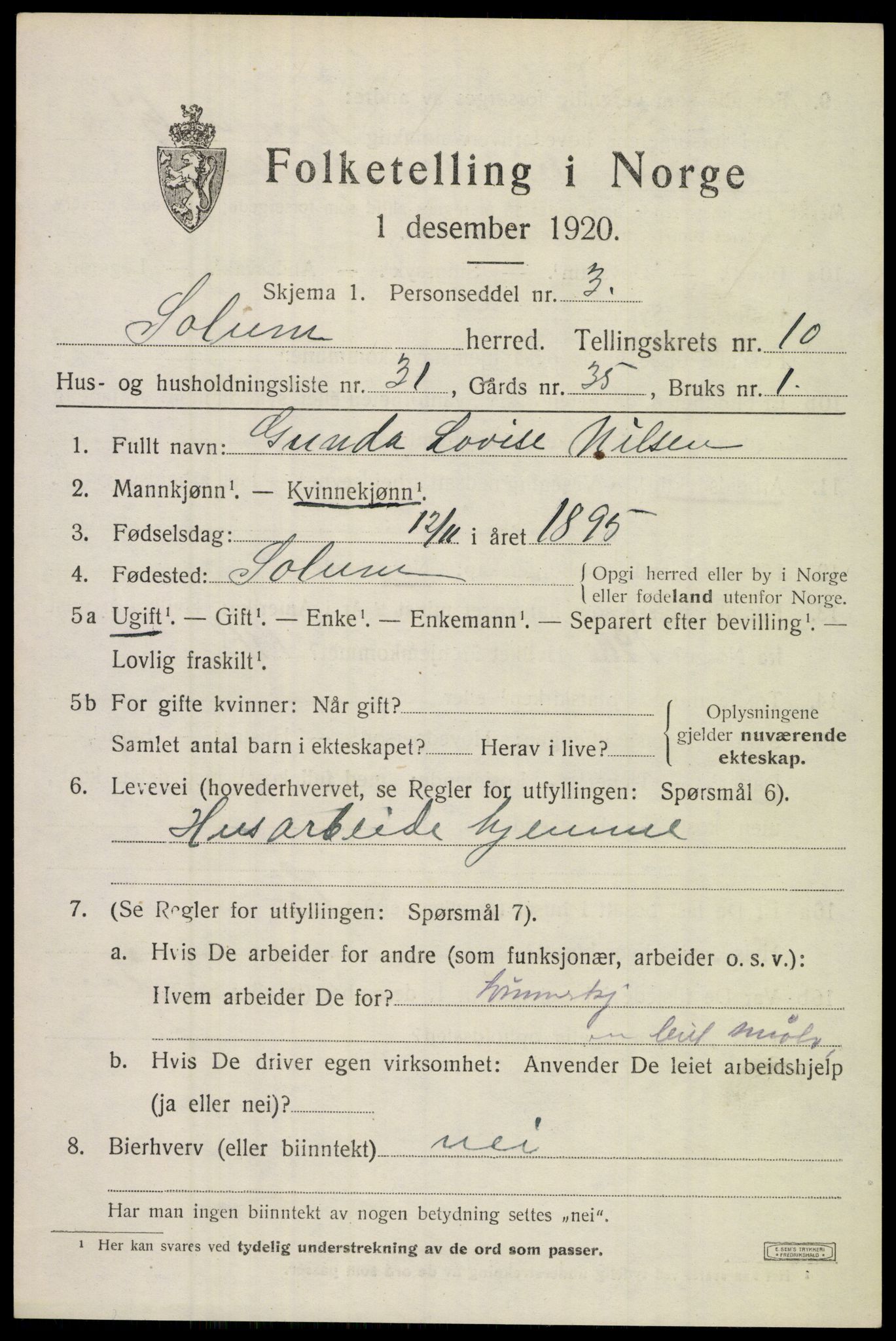 SAKO, 1920 census for Solum, 1920, p. 15690