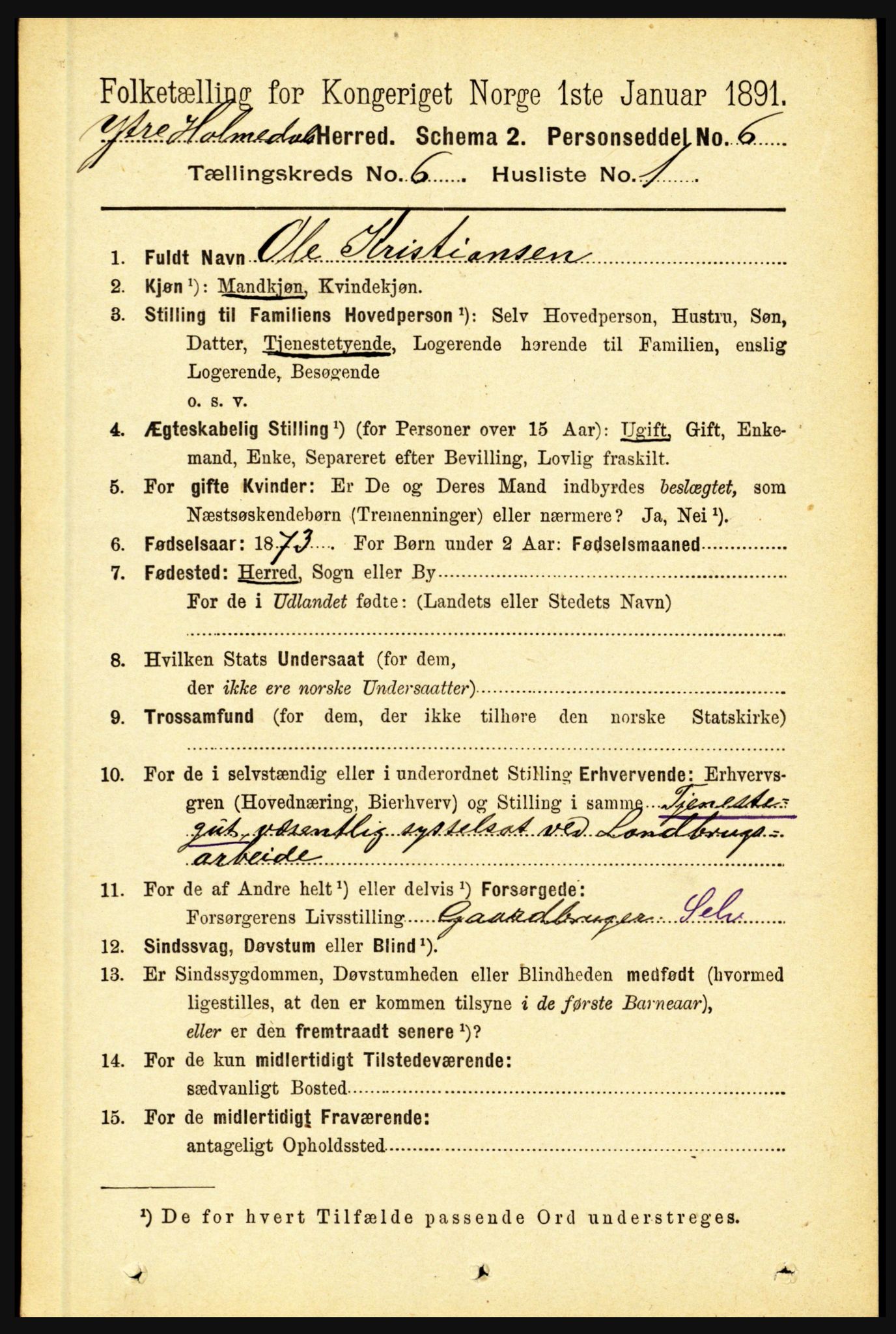 RA, 1891 census for 1429 Ytre Holmedal, 1891, p. 1337