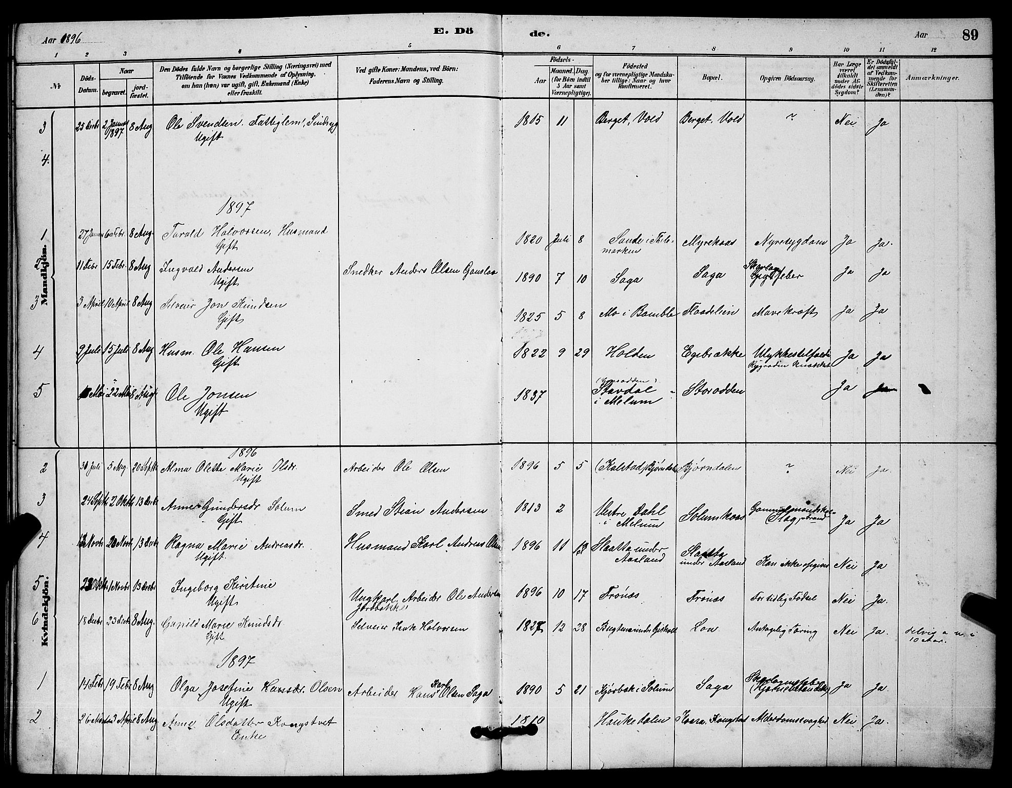 Solum kirkebøker, SAKO/A-306/G/Gc/L0001: Parish register (copy) no. III 1, 1880-1902, p. 89