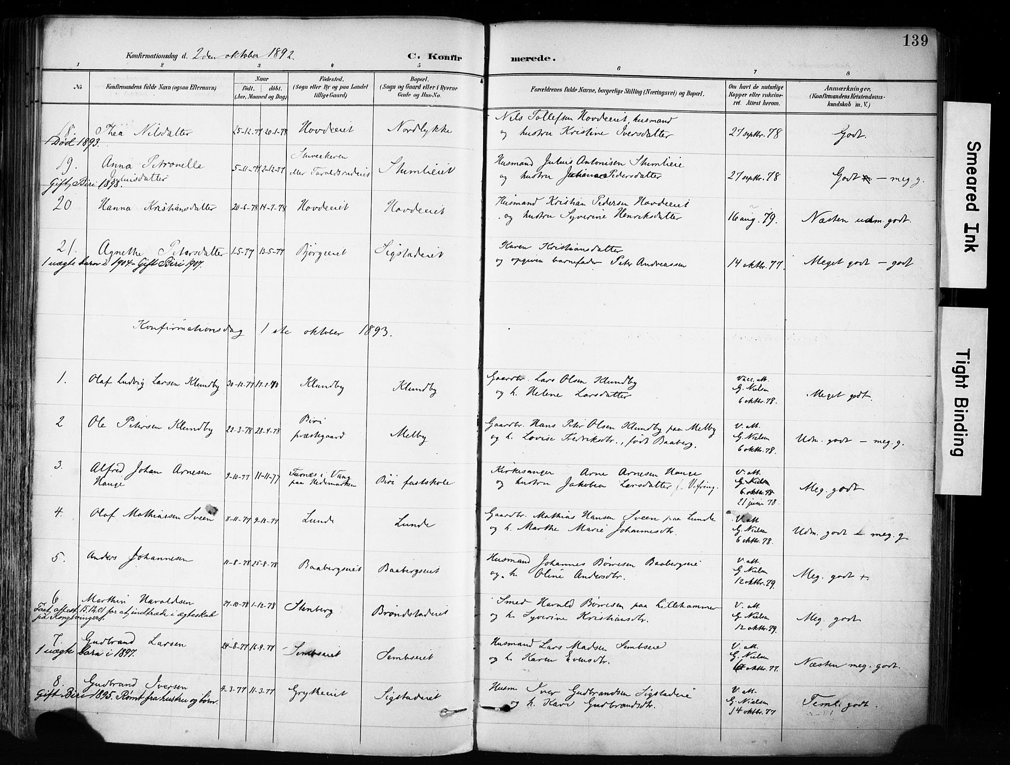 Biri prestekontor, SAH/PREST-096/H/Ha/Haa/L0009: Parish register (official) no. 9, 1887-1900, p. 139