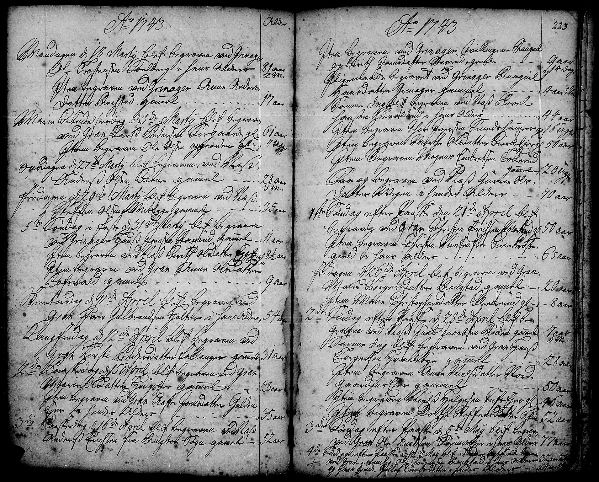 Gran prestekontor, AV/SAH-PREST-112/H/Ha/Haa/L0002: Parish register (official) no. 2, 1732-1744, p. 223