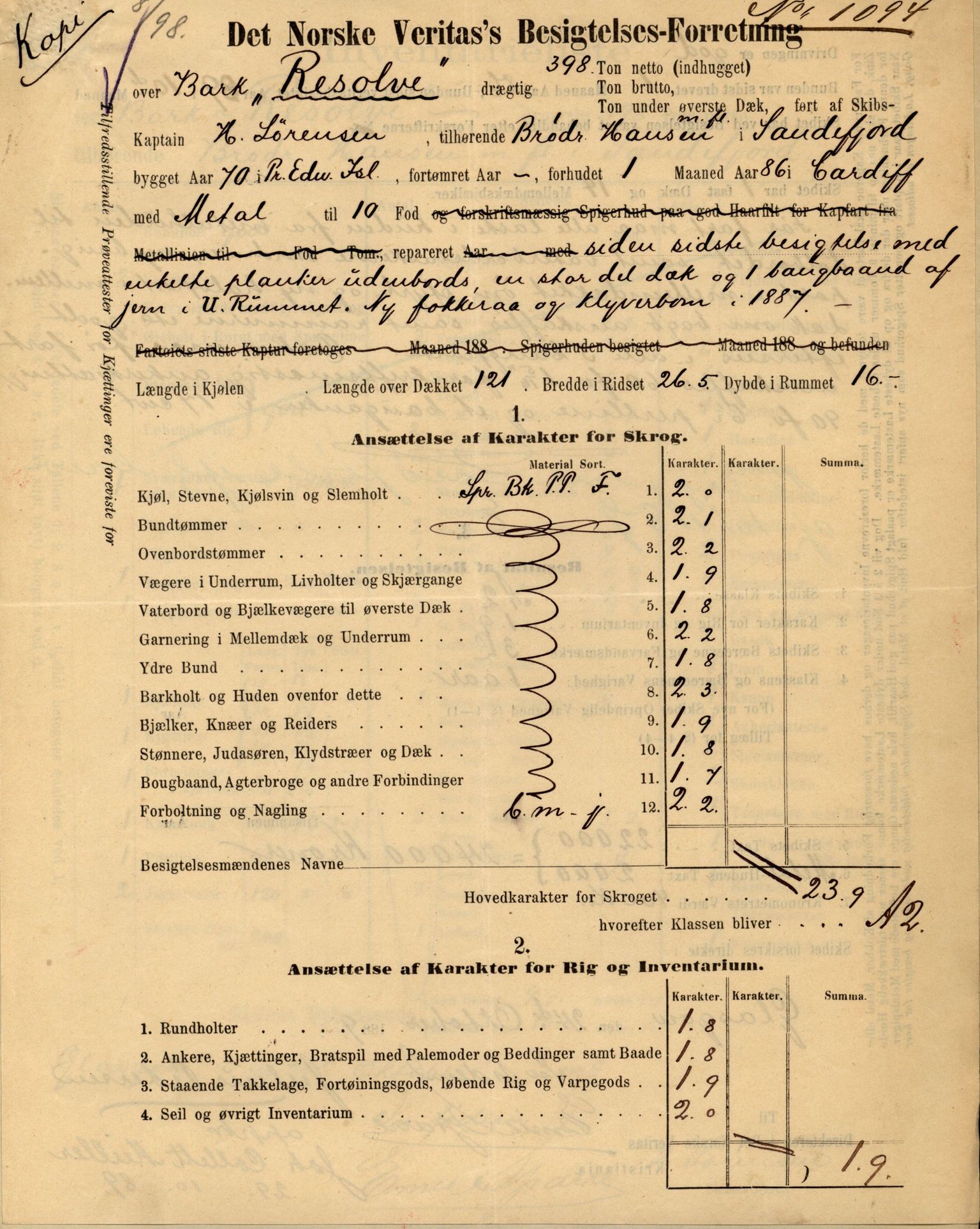 Pa 63 - Østlandske skibsassuranceforening, VEMU/A-1079/G/Ga/L0026/0009: Havaridokumenter / Rex, Resolve, Regulator, Familien, Falcon, Johanne, 1890, p. 25