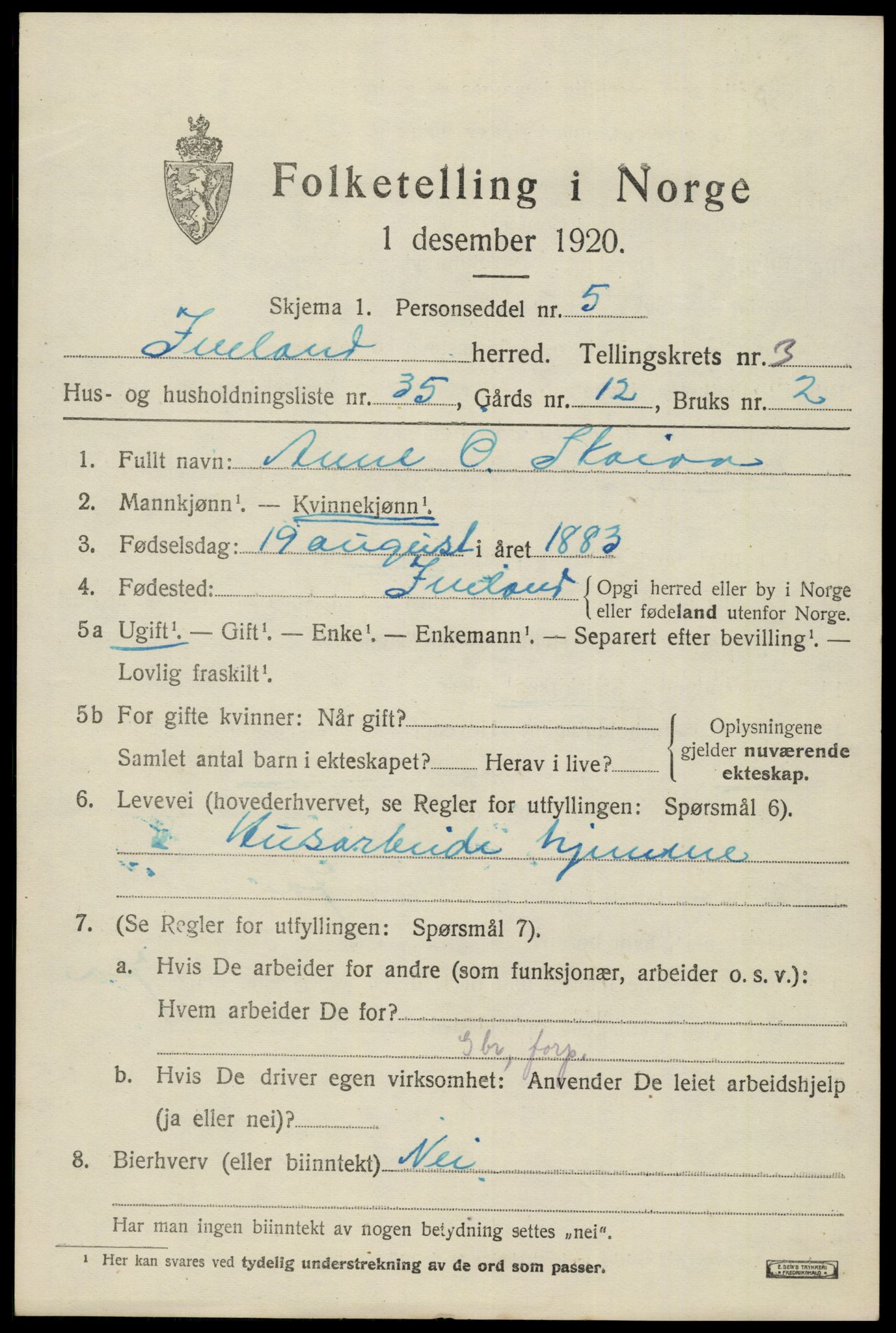 SAK, 1920 census for Iveland, 1920, p. 1303