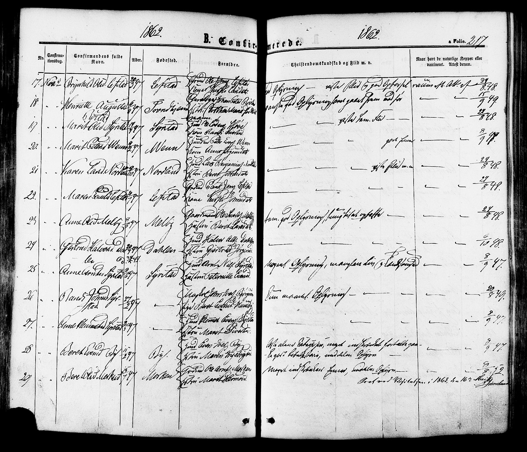 Ministerialprotokoller, klokkerbøker og fødselsregistre - Sør-Trøndelag, AV/SAT-A-1456/665/L0772: Parish register (official) no. 665A07, 1856-1878, p. 217