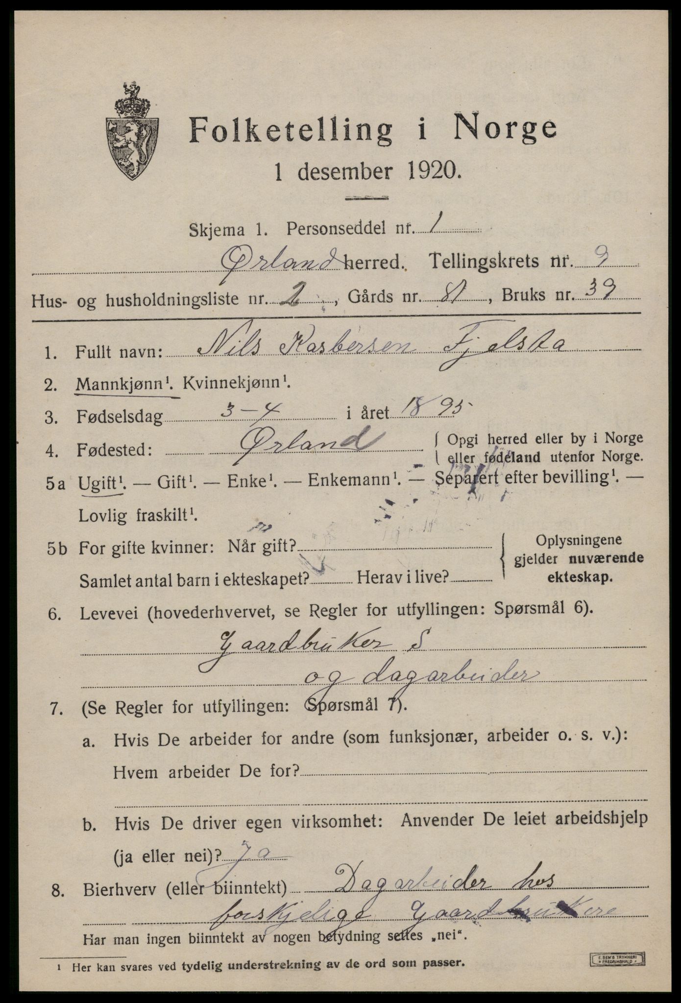 SAT, 1920 census for Ørland, 1920, p. 7857