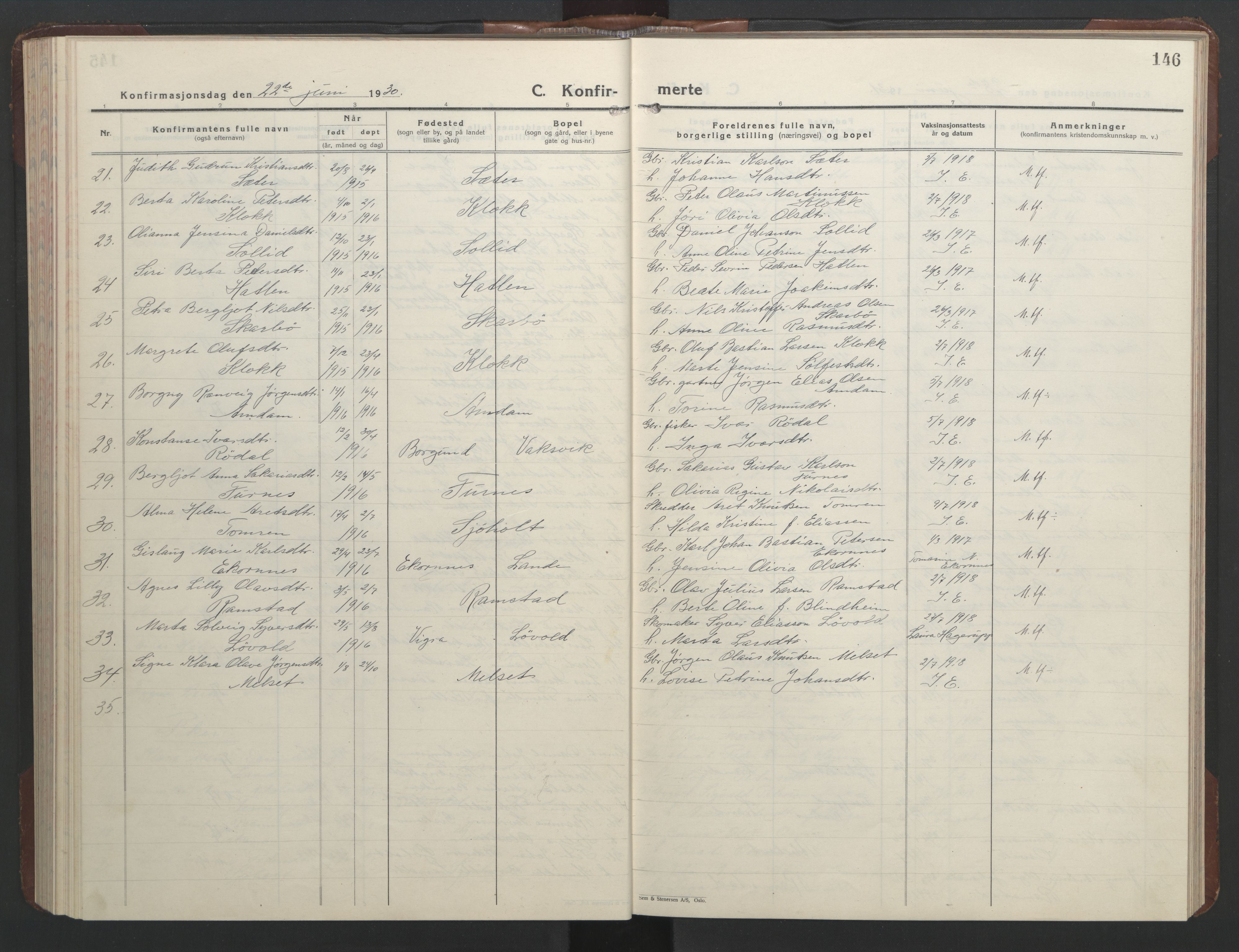 Ministerialprotokoller, klokkerbøker og fødselsregistre - Møre og Romsdal, SAT/A-1454/522/L0329: Parish register (copy) no. 522C08, 1926-1951, p. 146