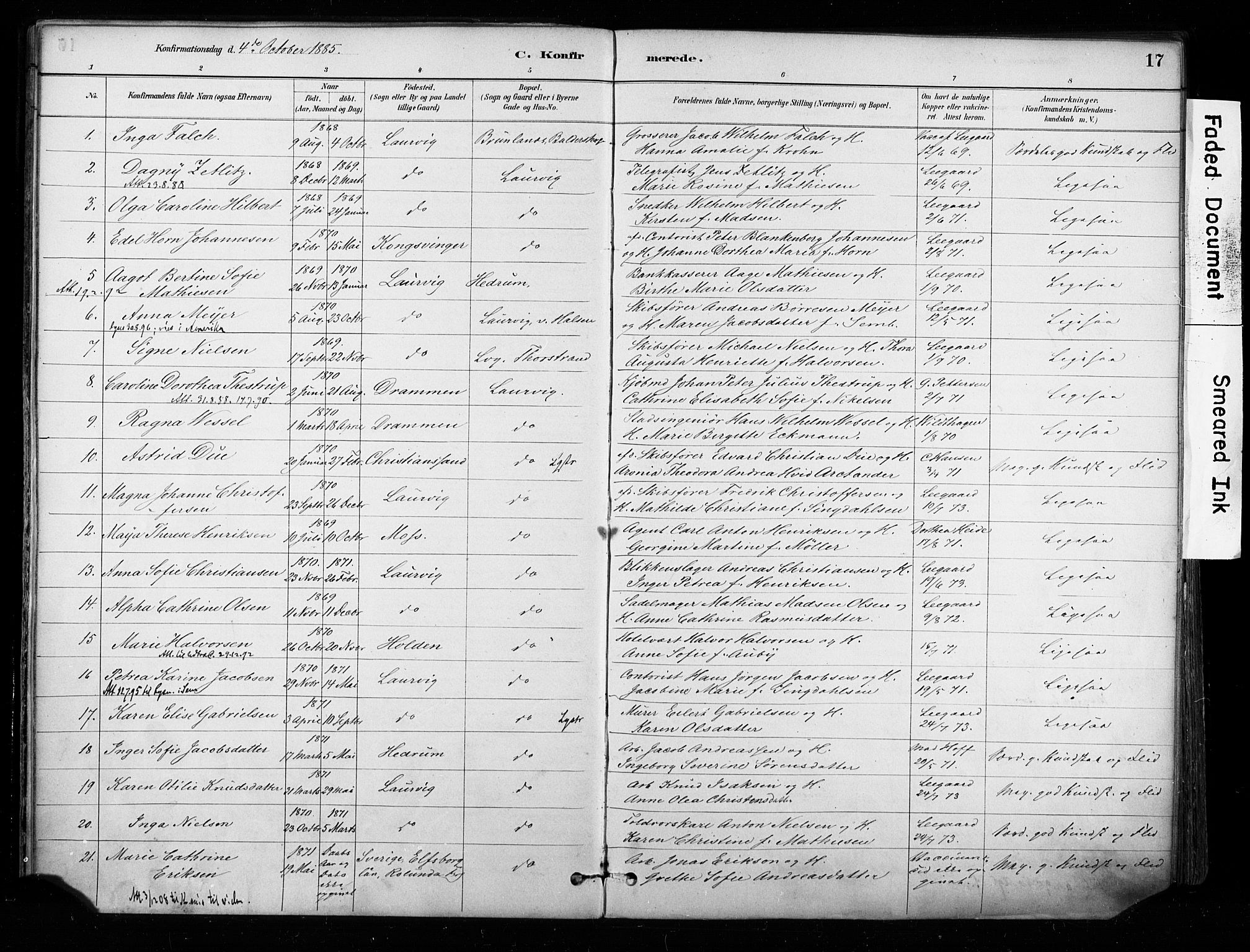 Larvik kirkebøker, AV/SAKO-A-352/F/Fa/L0008: Parish register (official) no. I 8, 1884-1902, p. 17