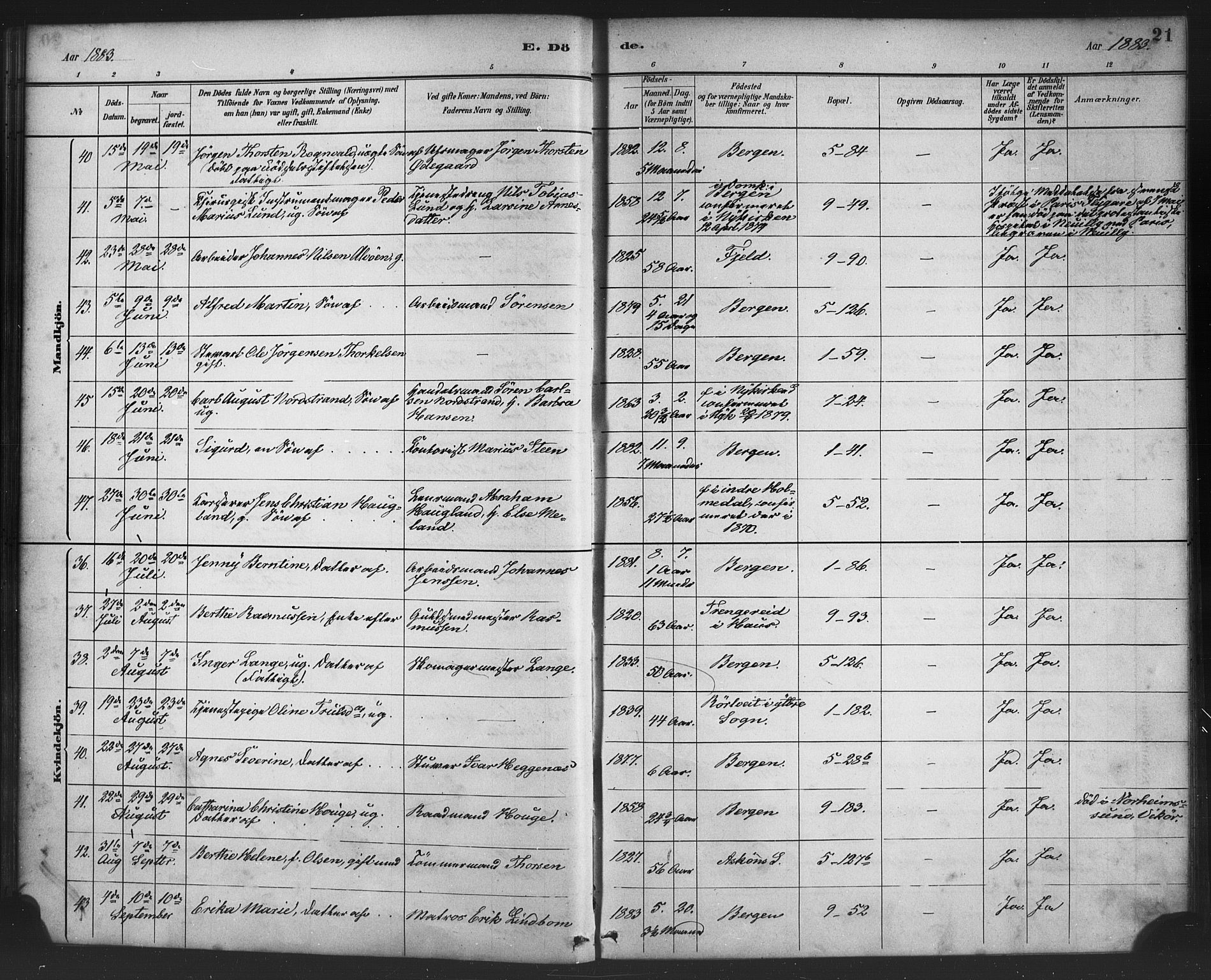 Nykirken Sokneprestembete, AV/SAB-A-77101/H/Haa/L0044: Parish register (official) no. E 4, 1882-1898, p. 21
