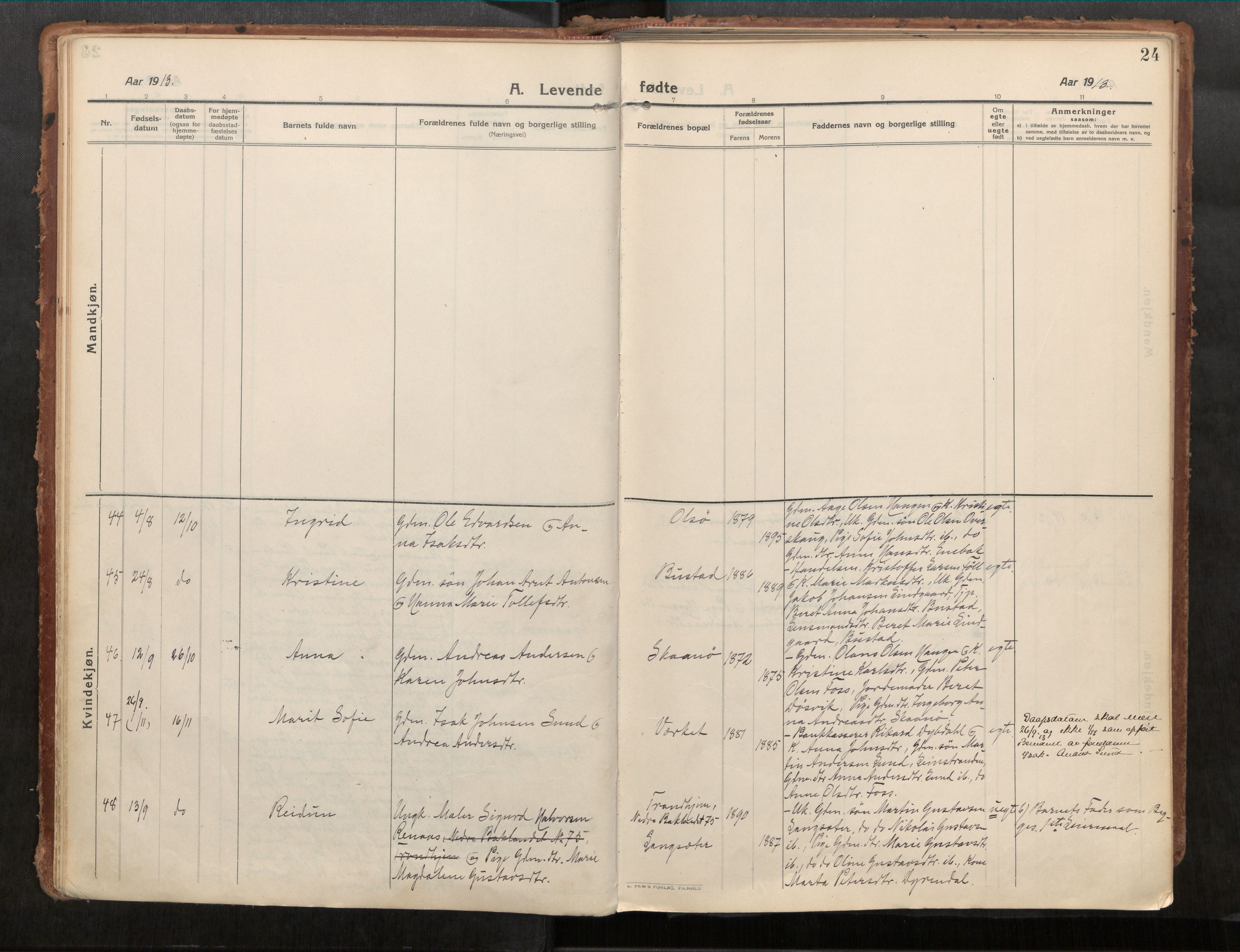 Stadsbygd sokneprestkontor, AV/SAT-A-1117/1/I/I1/I1a/L0001: Parish register (official) no. 1, 1911-1929, p. 24