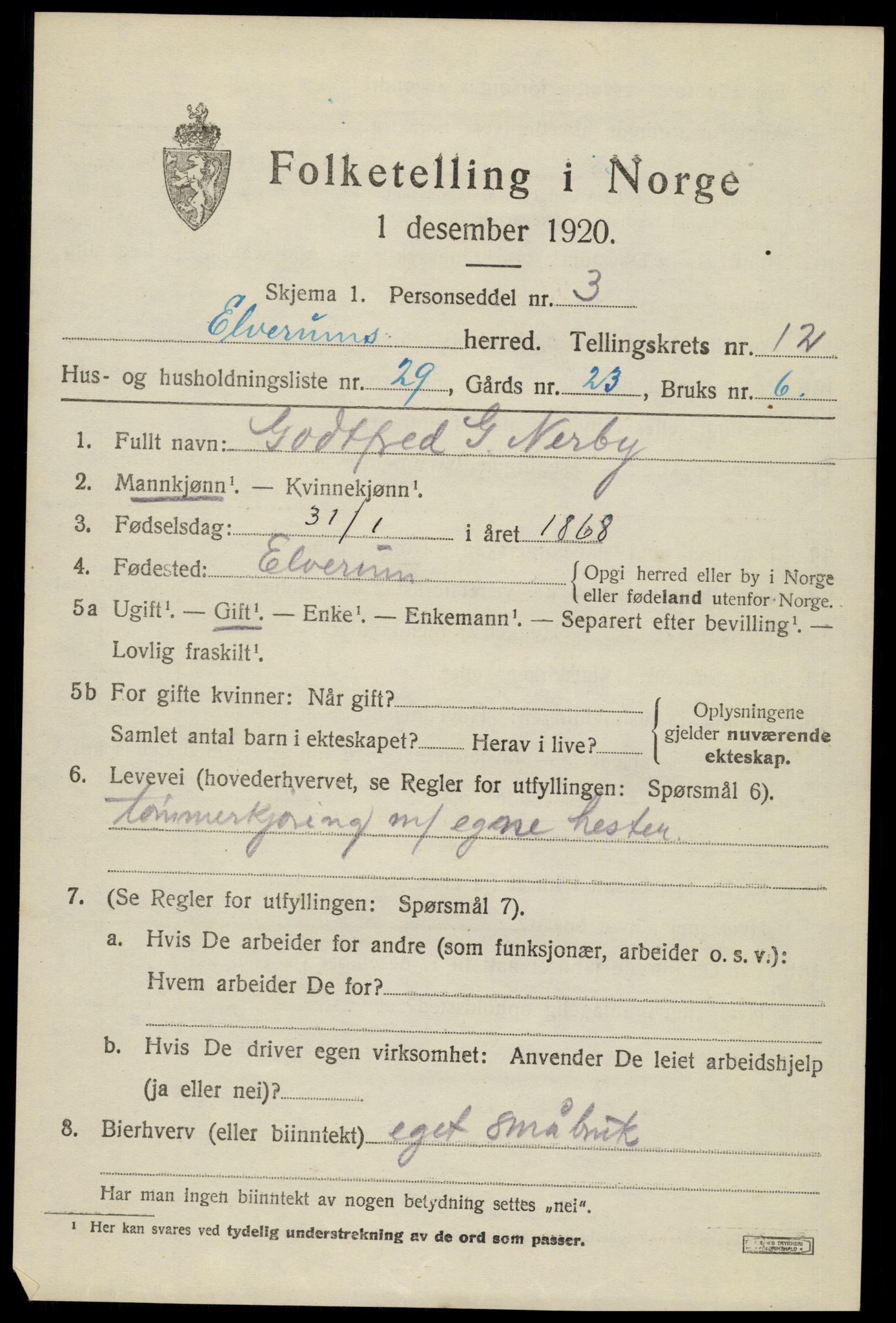 SAH, 1920 census for Elverum, 1920, p. 17256