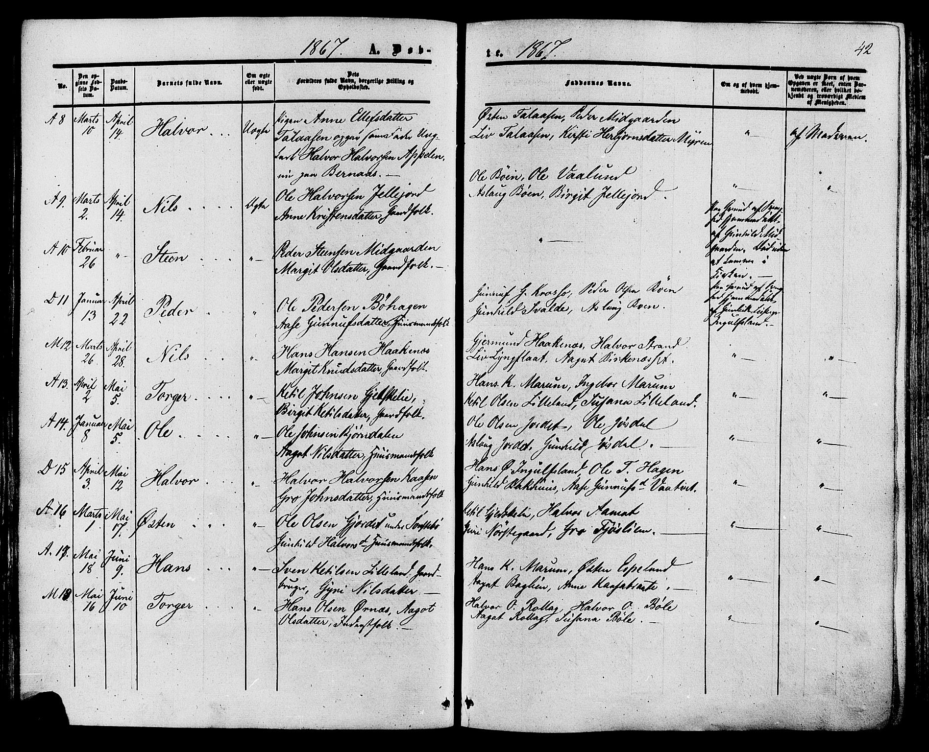 Tinn kirkebøker, SAKO/A-308/F/Fa/L0006: Parish register (official) no. I 6, 1857-1878, p. 42