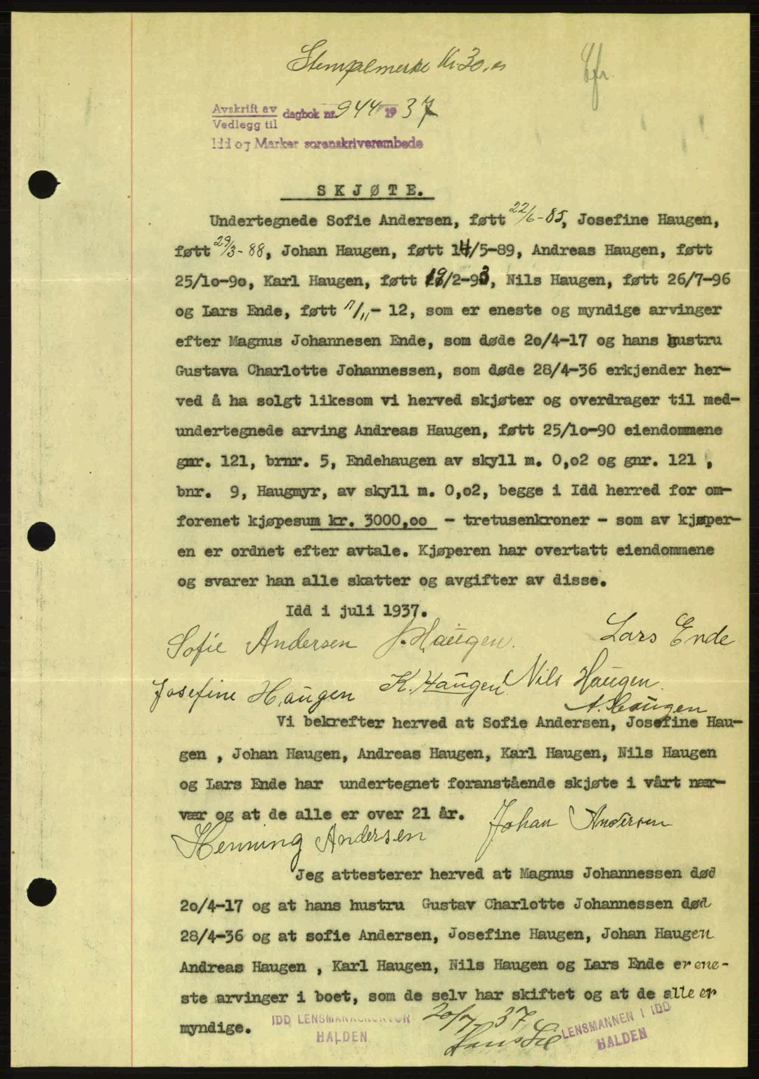 Idd og Marker sorenskriveri, AV/SAO-A-10283/G/Gb/Gbb/L0002: Mortgage book no. A2, 1937-1938, Diary no: : 944/1937