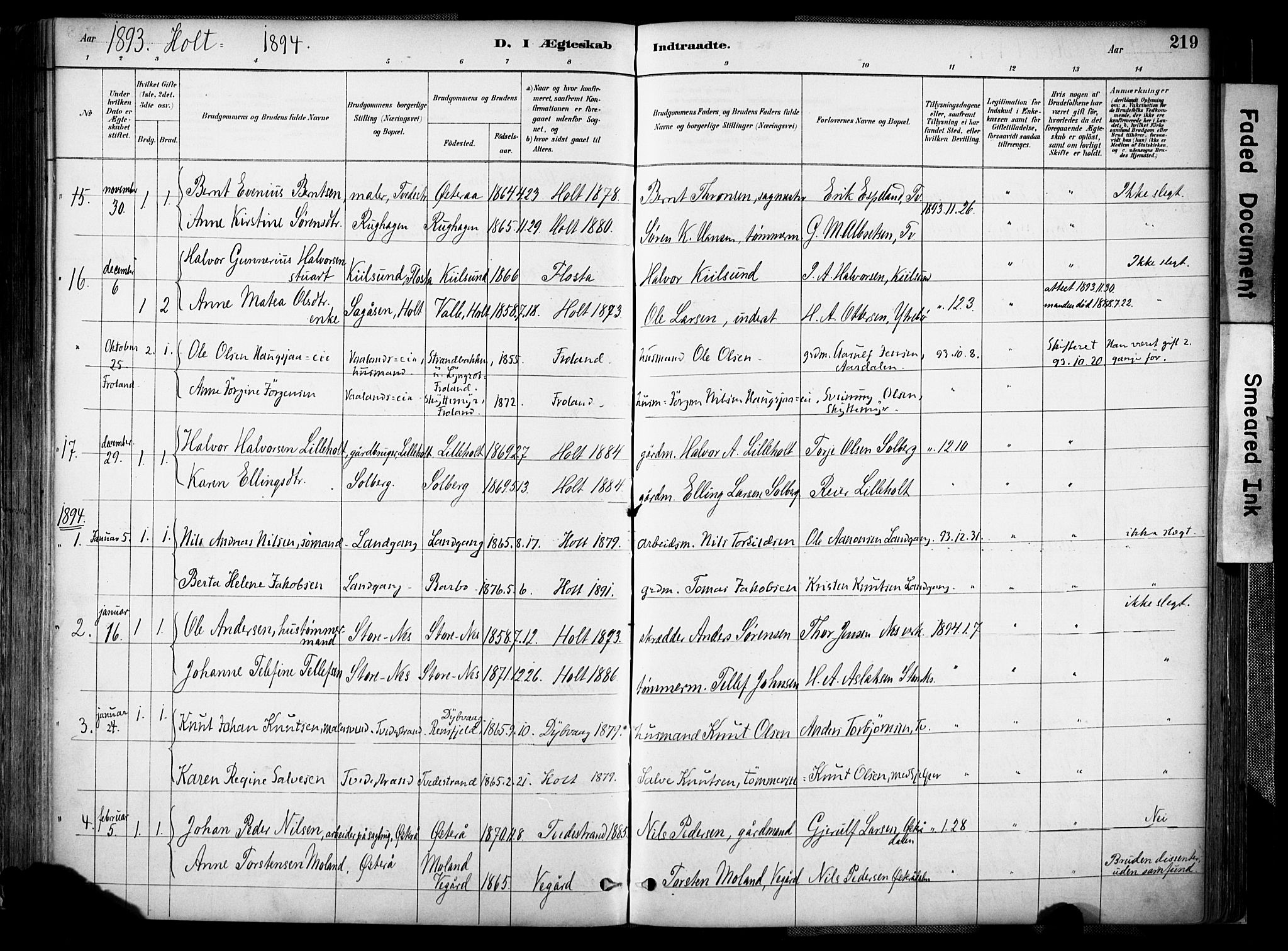 Holt sokneprestkontor, AV/SAK-1111-0021/F/Fa/L0012: Parish register (official) no. A 12, 1885-1907, p. 219