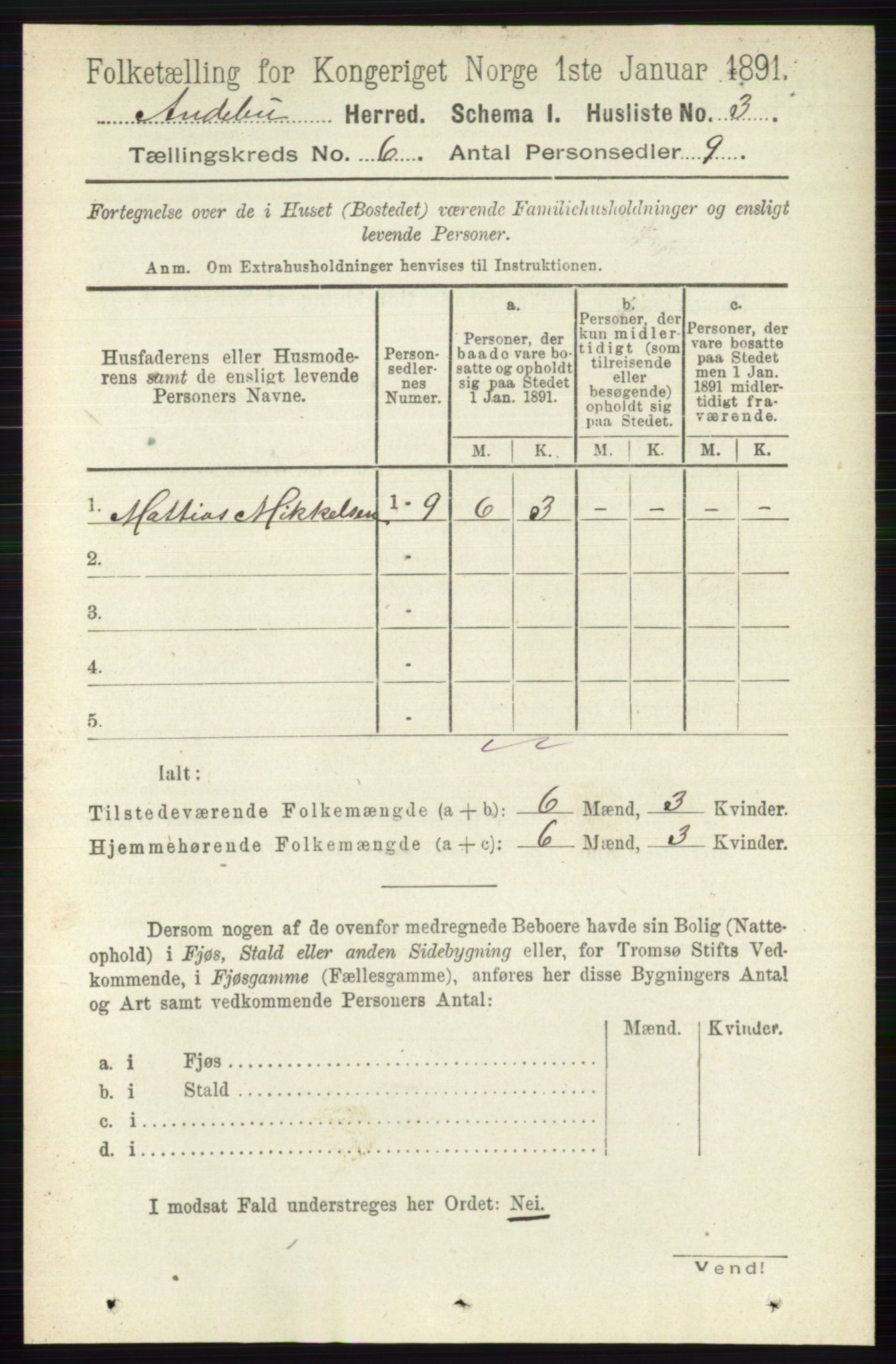 RA, 1891 census for 0719 Andebu, 1891, p. 3065