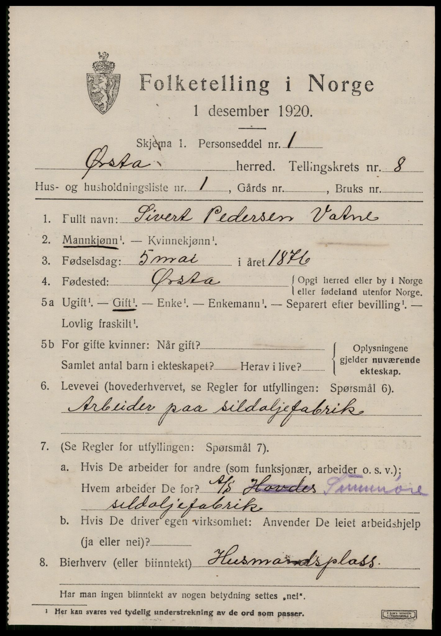 SAT, 1920 census for Ørsta, 1920, p. 5978