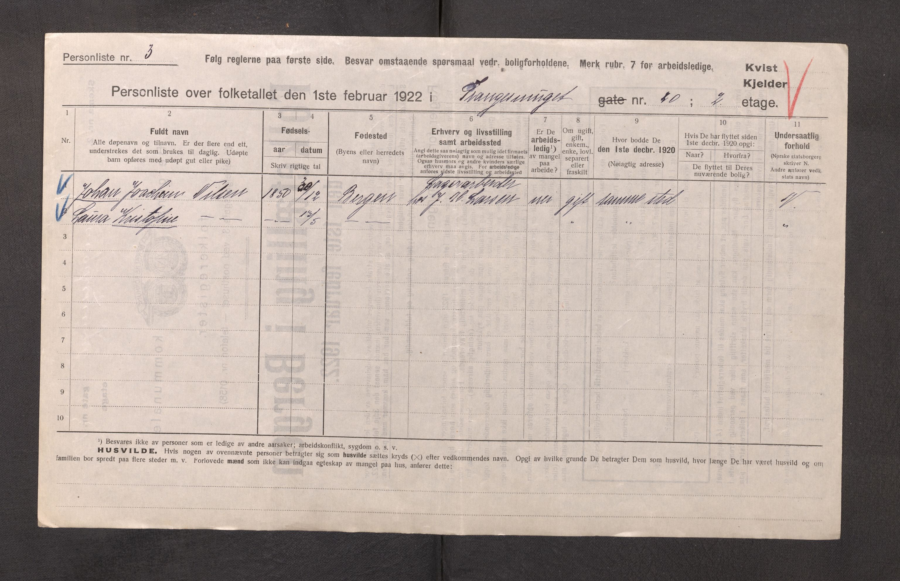 SAB, Municipal Census 1922 for Bergen, 1922, p. 44954