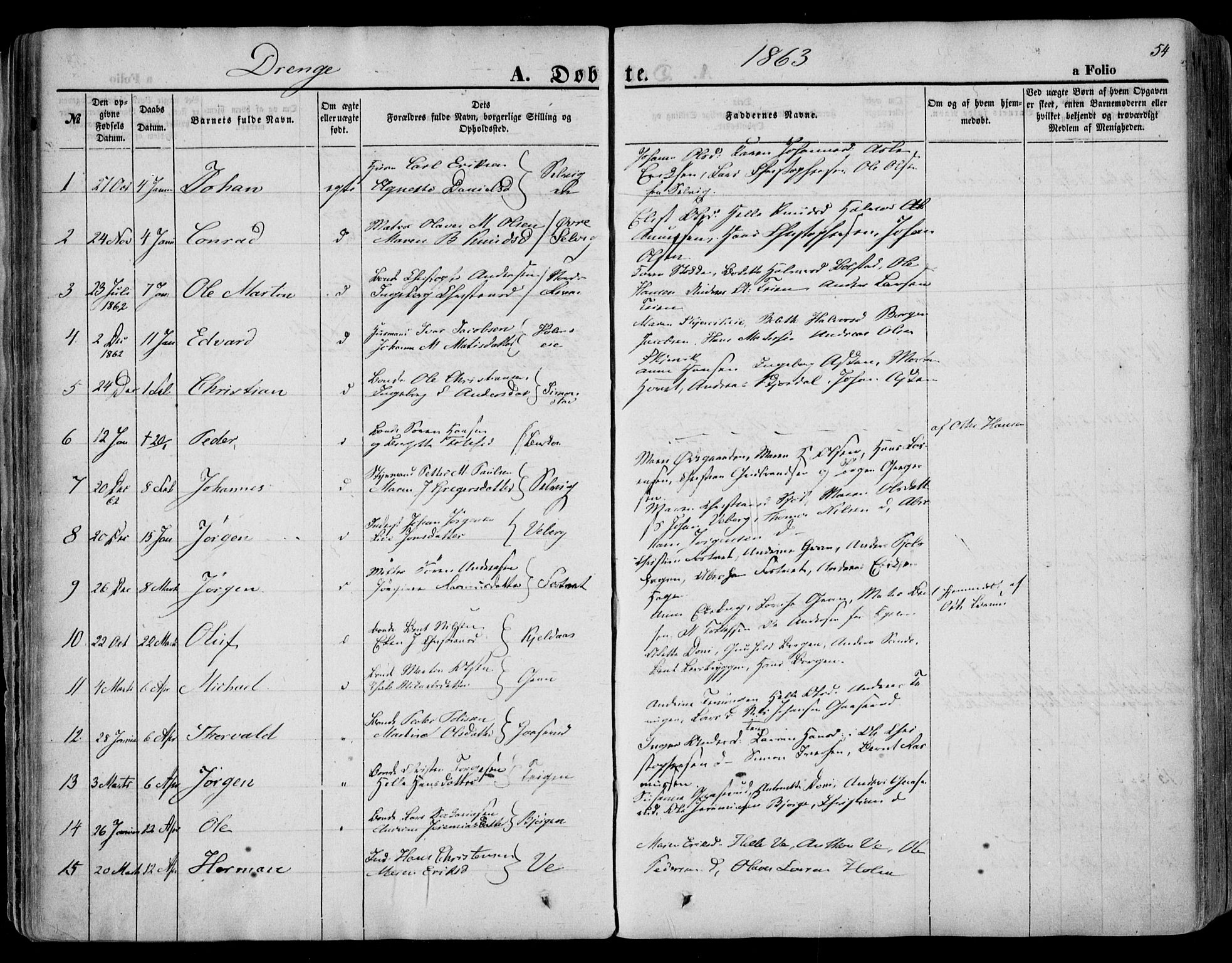 Sande Kirkebøker, SAKO/A-53/F/Fa/L0004: Parish register (official) no. 4, 1847-1864, p. 54