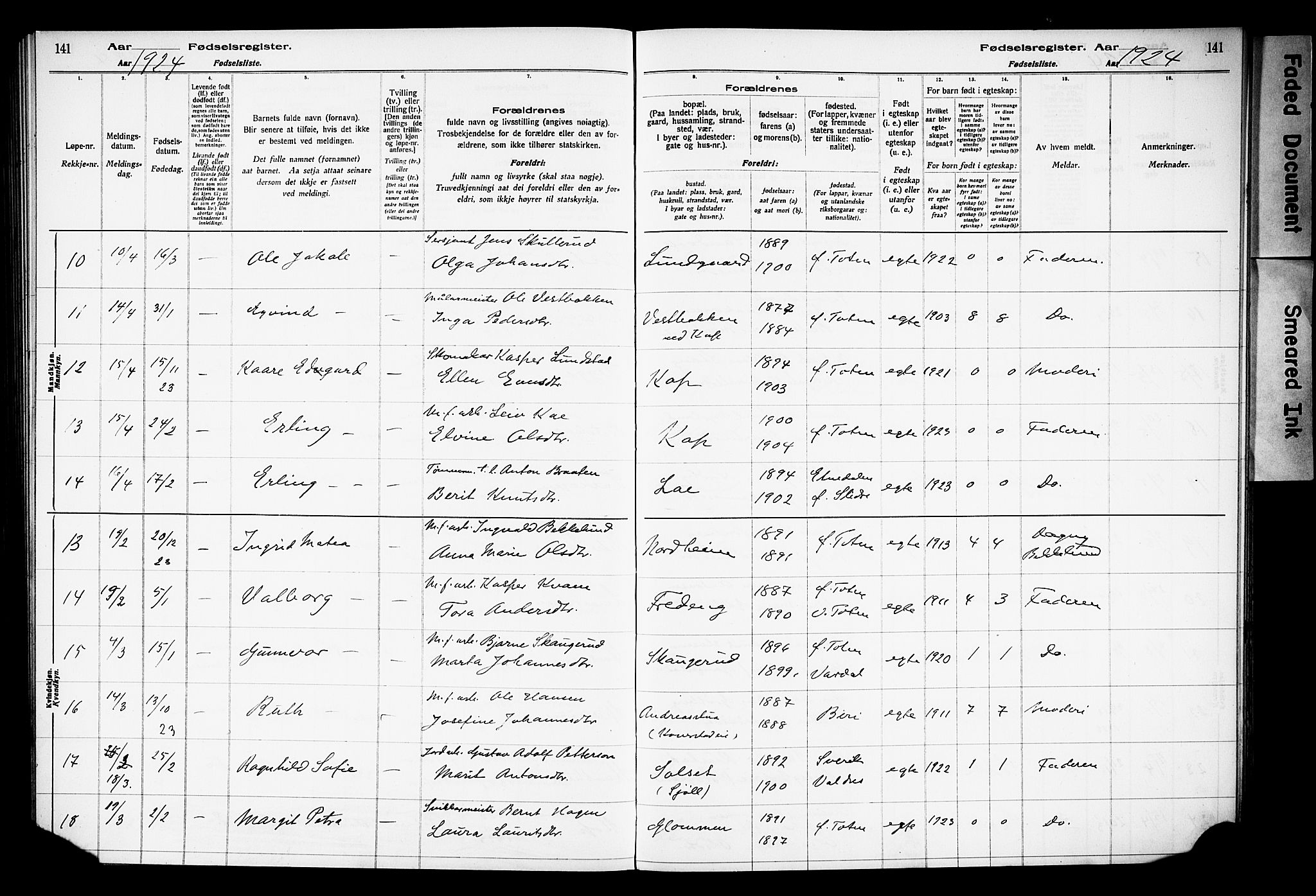 Østre Toten prestekontor, SAH/PREST-104/I/Id/L0001/0001: Birth register no. 1.1, 1916-1928, p. 141