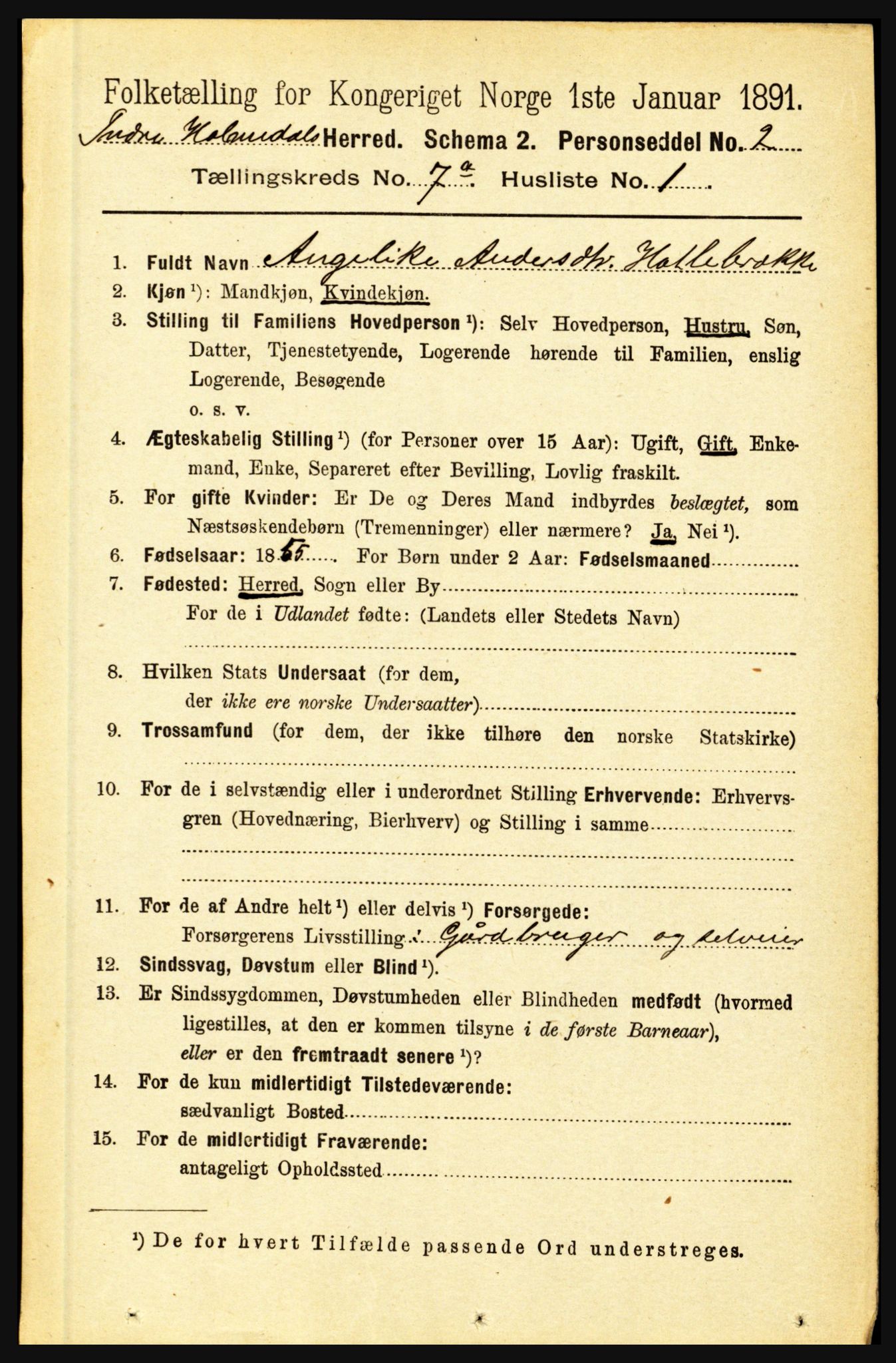 RA, 1891 census for 1430 Indre Holmedal, 1891, p. 2901