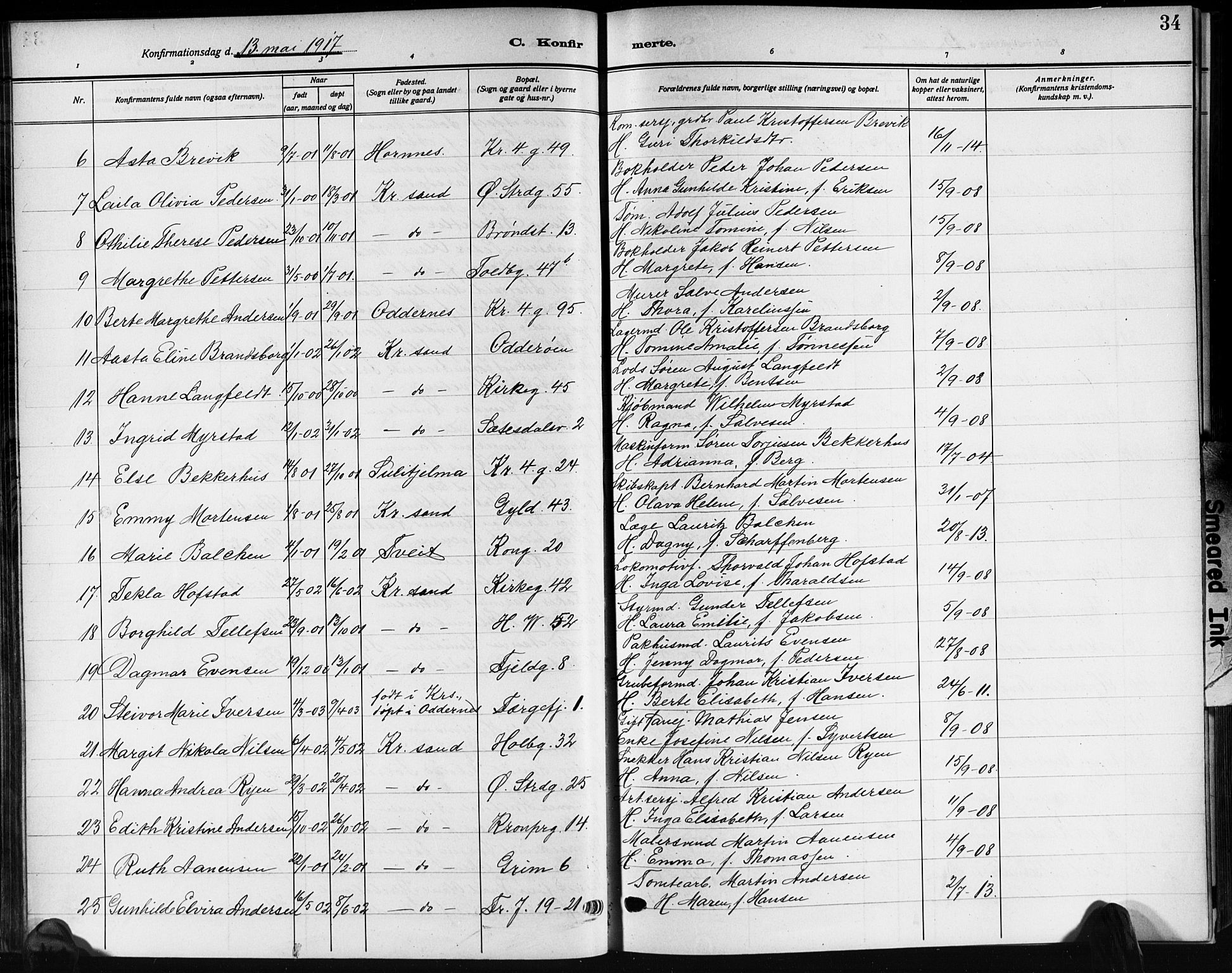 Kristiansand domprosti, AV/SAK-1112-0006/F/Fb/L0022: Parish register (copy) no. B 22, 1915-1925, p. 34