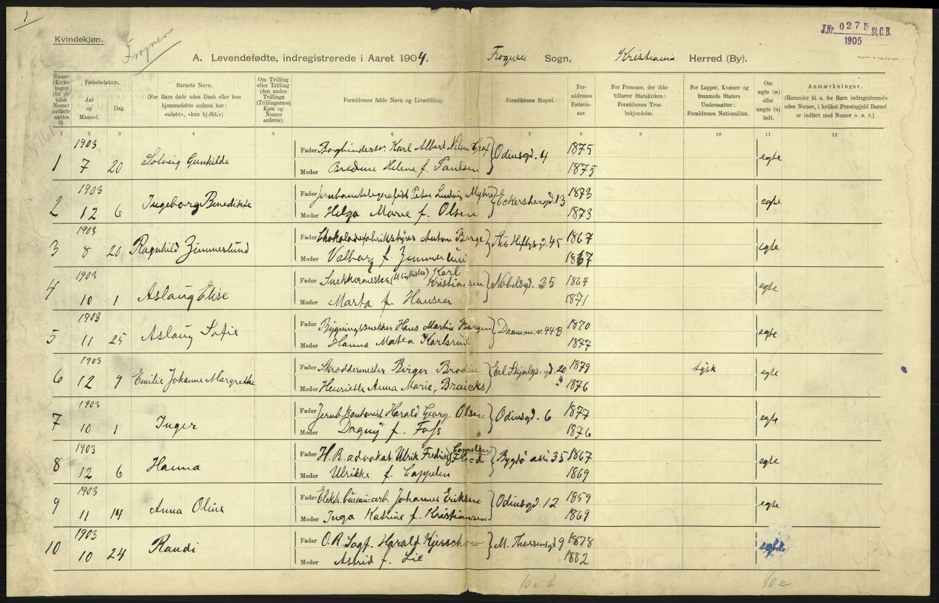 Statistisk sentralbyrå, Sosiodemografiske emner, Befolkning, AV/RA-S-2228/D/Df/Dfa/Dfab/L0003: Kristiania: Fødte, 1904, p. 47