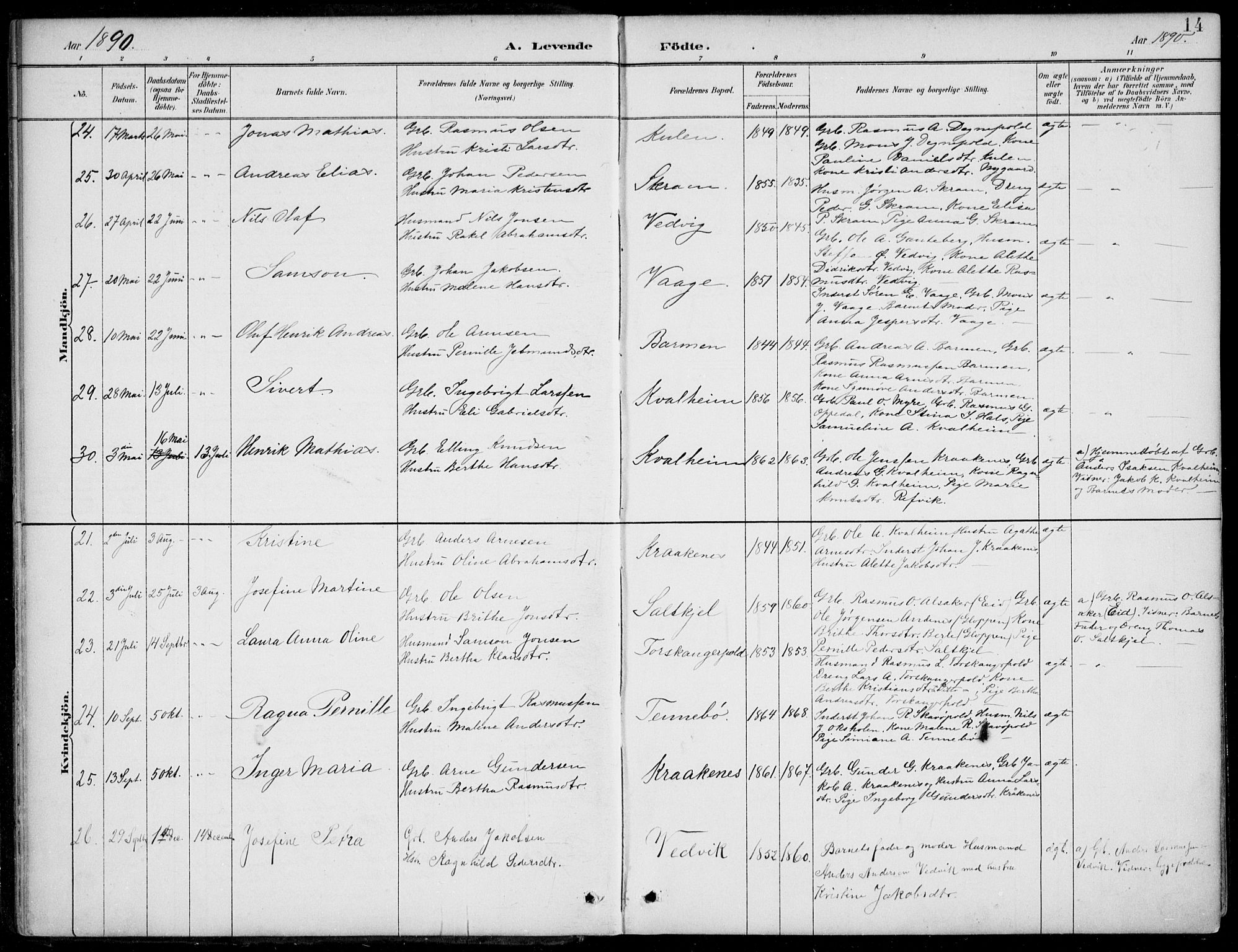 Selje sokneprestembete, AV/SAB-A-99938/H/Ha/Haa/Haac/L0002: Parish register (official) no. C  2, 1889-1904, p. 14