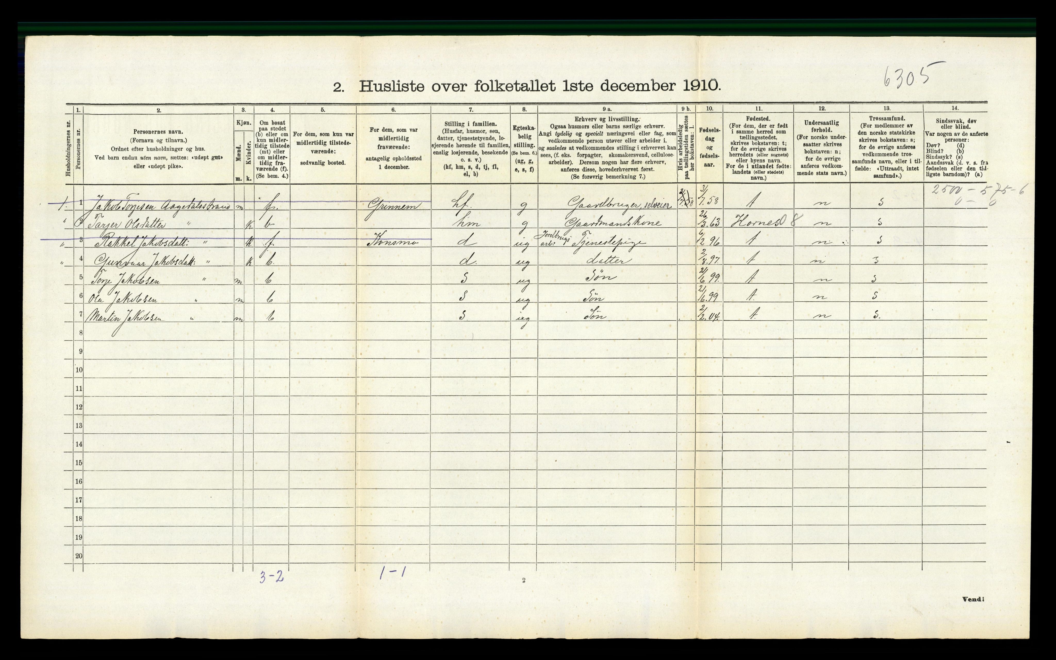 RA, 1910 census for Bjelland, 1910, p. 383