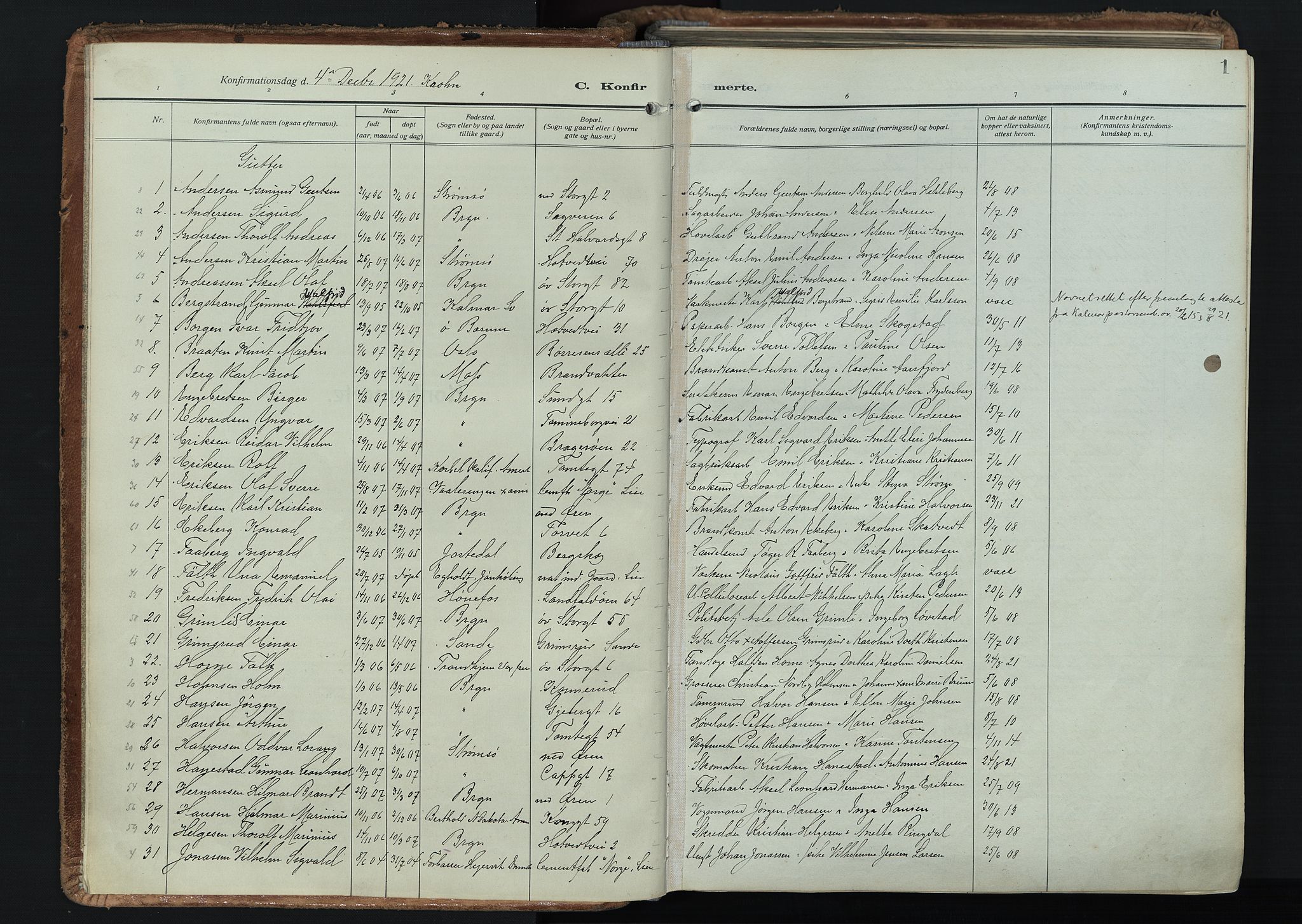 Bragernes kirkebøker, AV/SAKO-A-6/F/Fc/L0009: Parish register (official) no. III 9, 1921-1939, p. 1