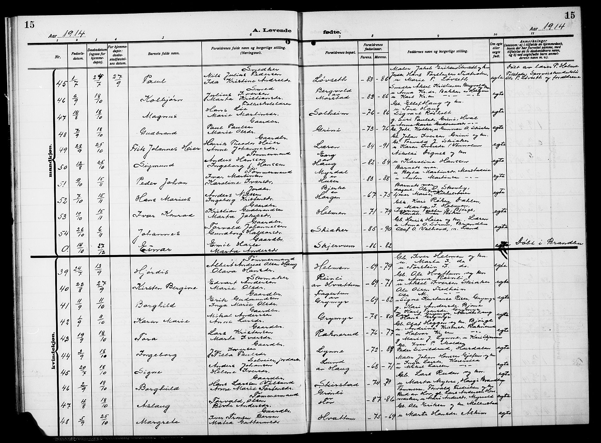 Gran prestekontor, AV/SAH-PREST-112/H/Ha/Hab/L0007: Parish register (copy) no. 7, 1912-1917, p. 15