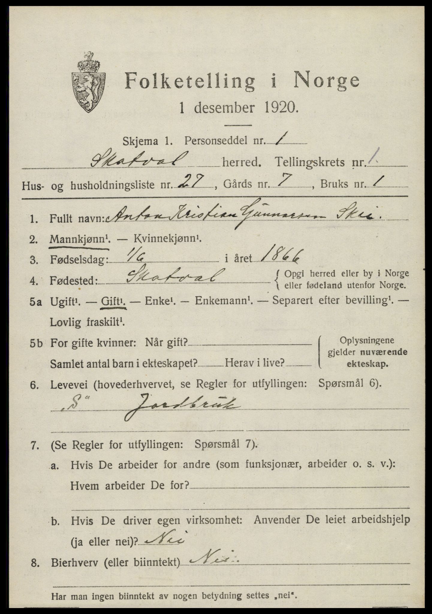 SAT, 1920 census for Skatval, 1920, p. 1039