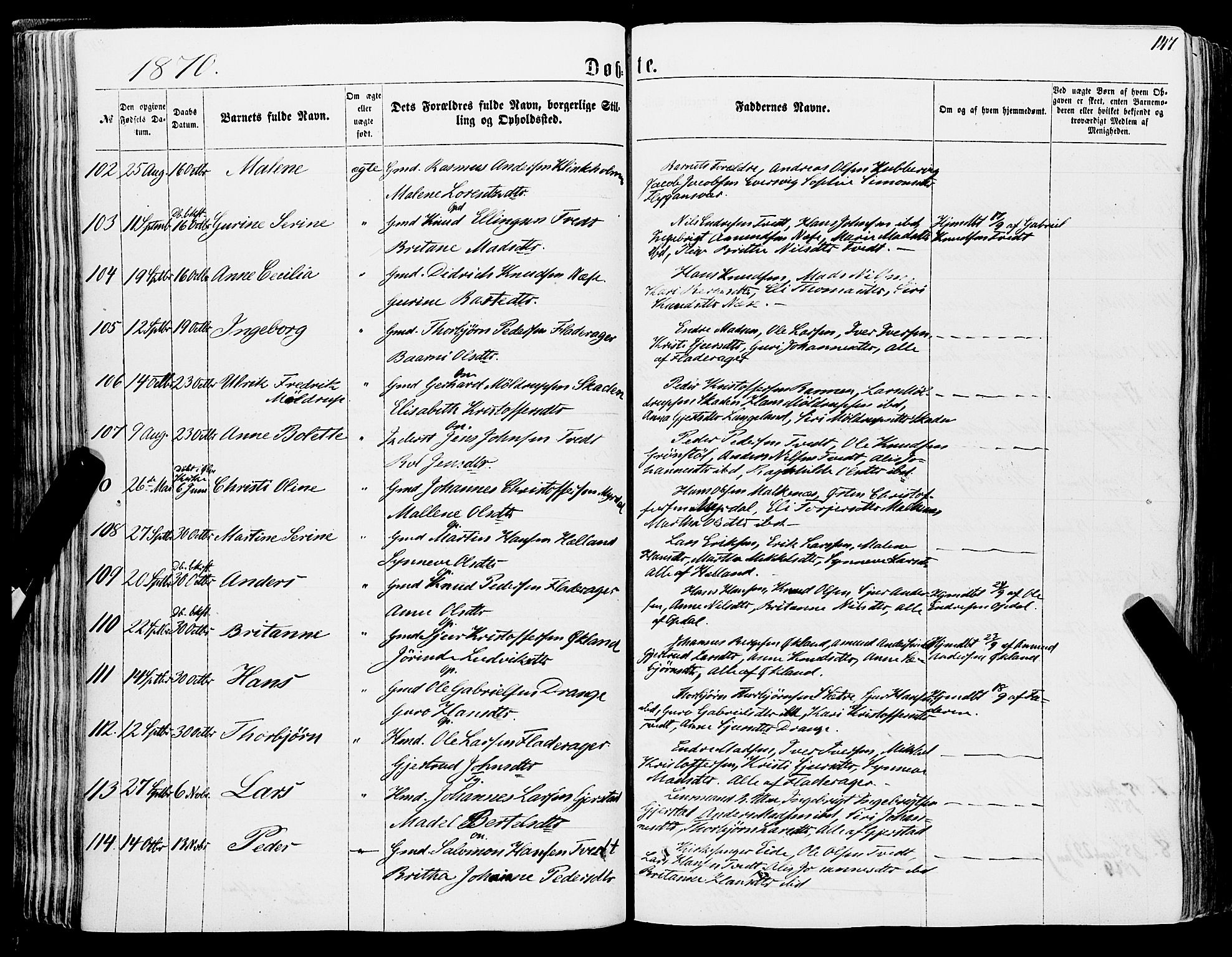 Tysnes sokneprestembete, SAB/A-78601/H/Haa: Parish register (official) no. A 11, 1860-1871, p. 147