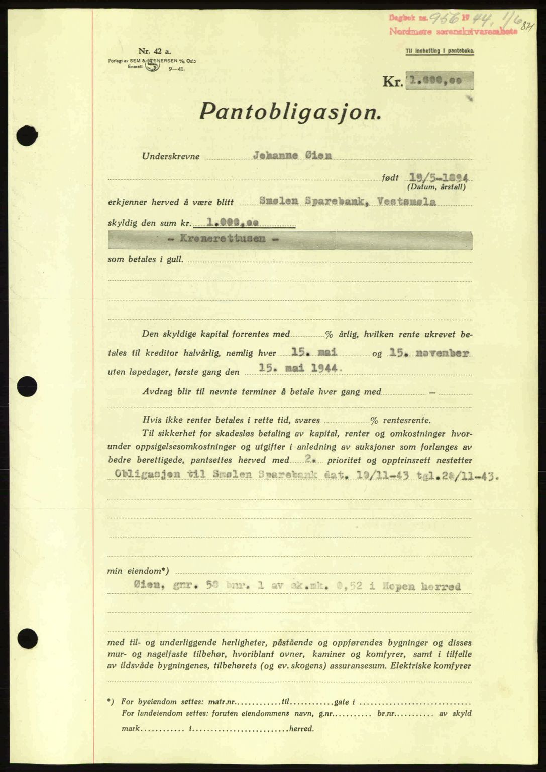 Nordmøre sorenskriveri, AV/SAT-A-4132/1/2/2Ca: Mortgage book no. B91, 1943-1944, Diary no: : 956/1944