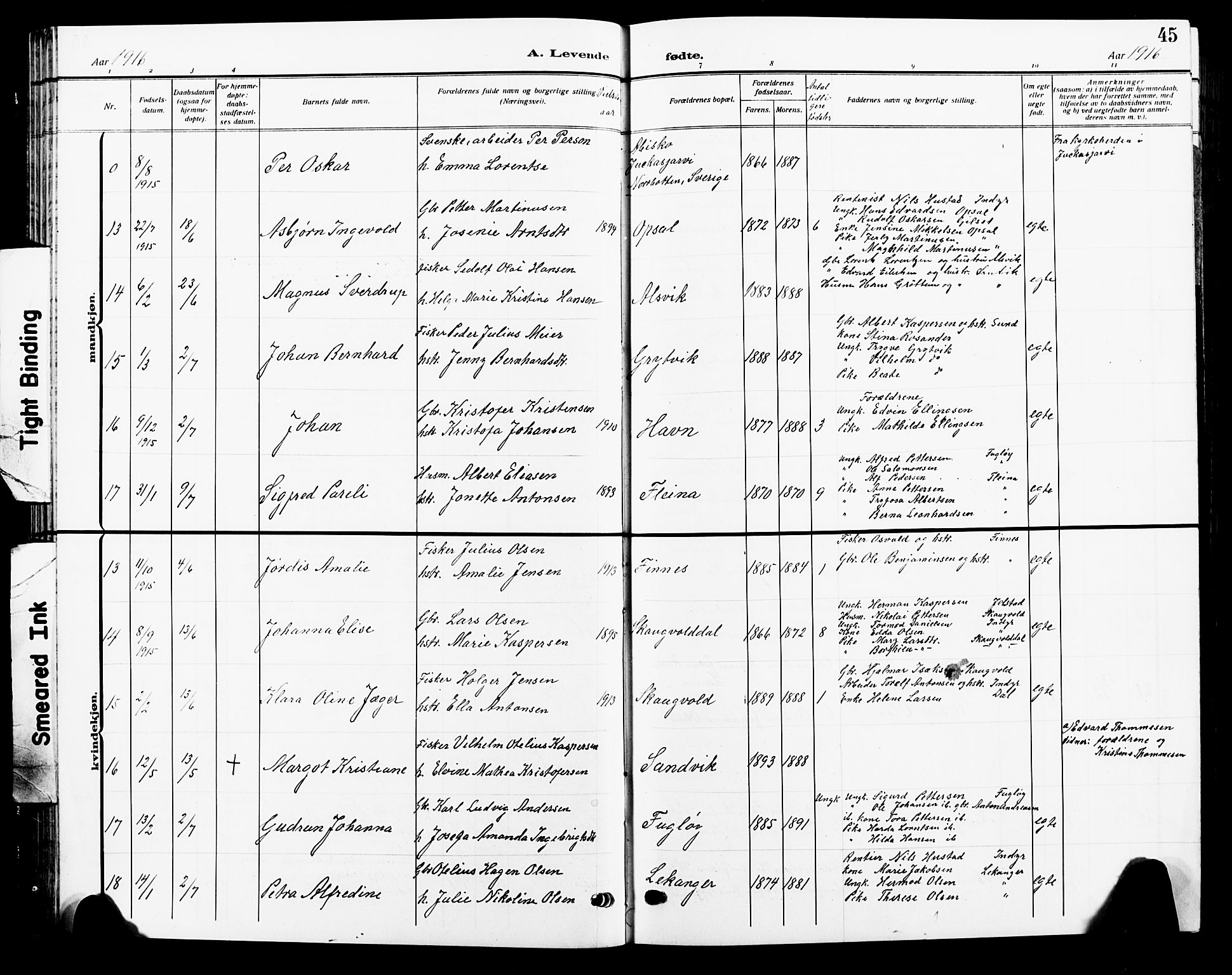 Ministerialprotokoller, klokkerbøker og fødselsregistre - Nordland, AV/SAT-A-1459/805/L0110: Parish register (copy) no. 805C06, 1909-1924, p. 45