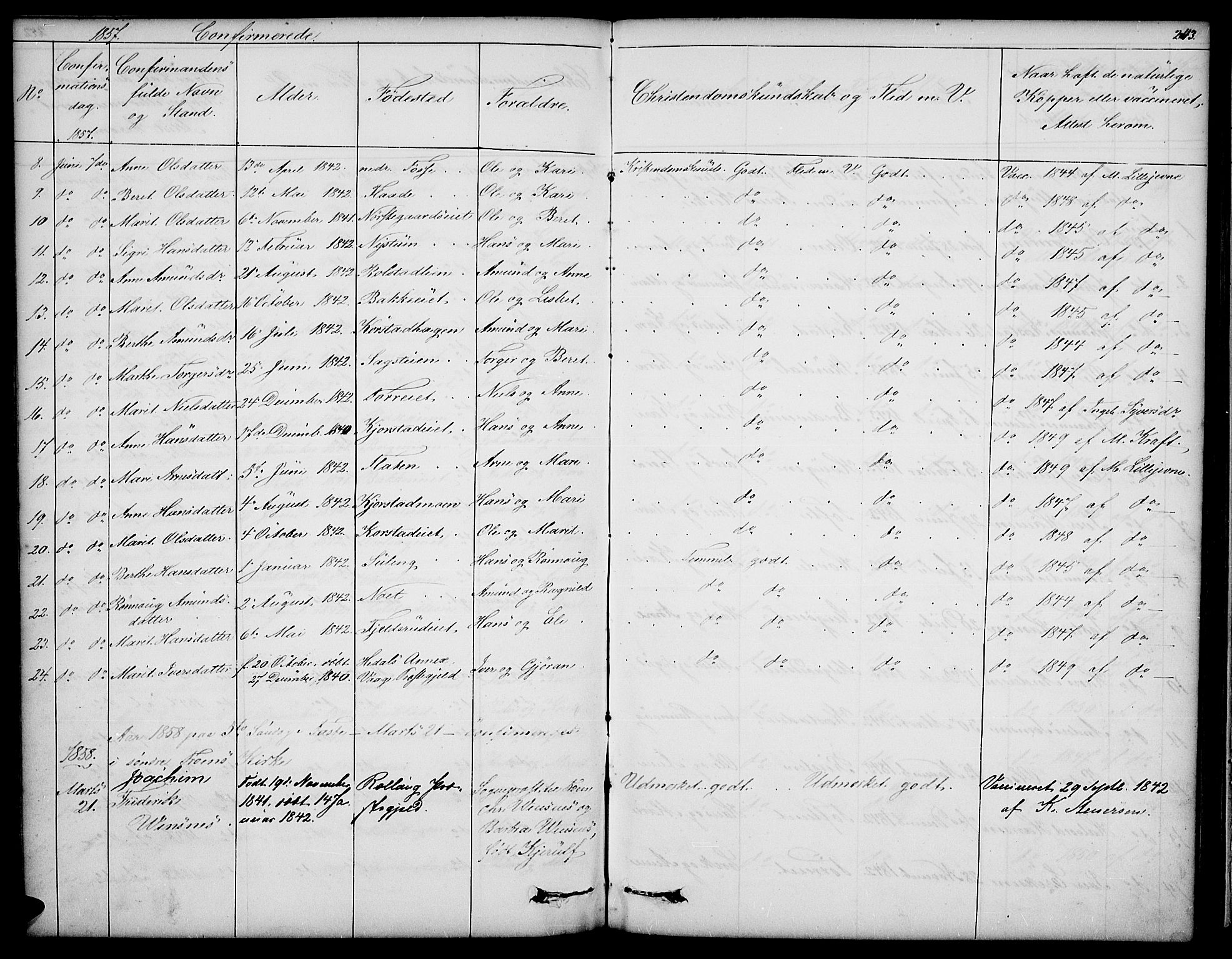 Sør-Fron prestekontor, SAH/PREST-010/H/Ha/Hab/L0001: Parish register (copy) no. 1, 1844-1863, p. 243